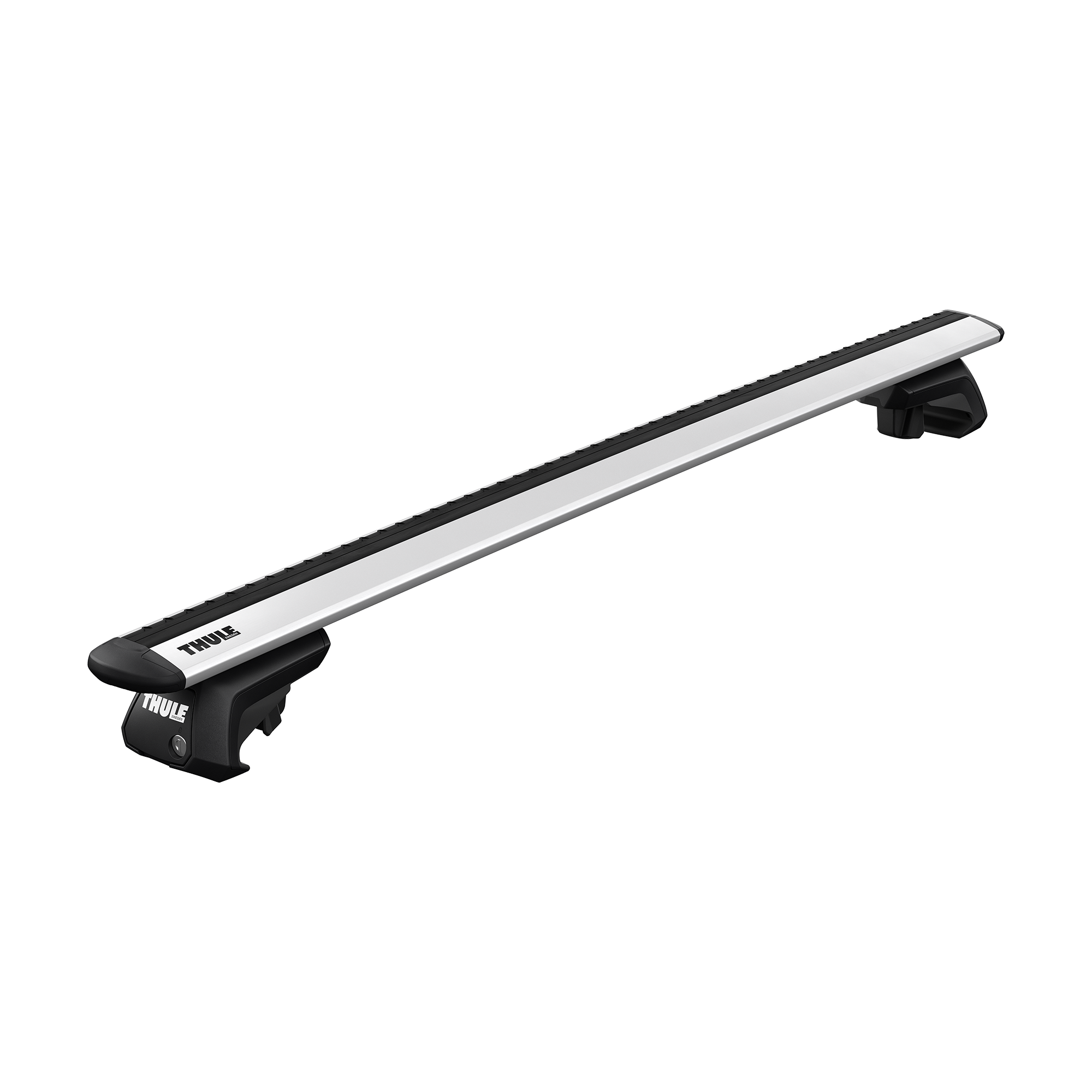 Thule WingBar Evo silver aluminum roof bar with black raised rail foot pack.