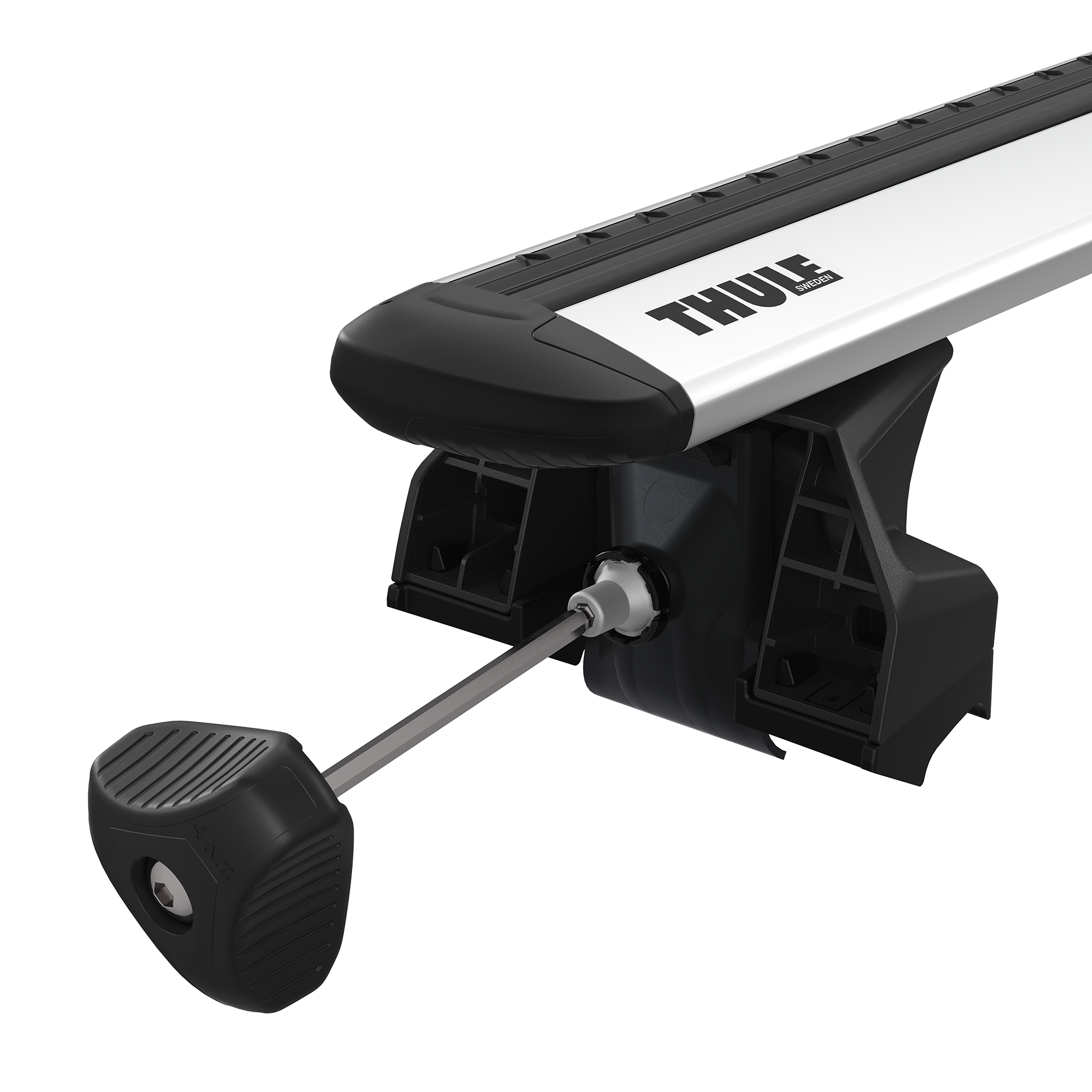 Thule WingBar Evo roof bar with black foot pack and tightening tool on white background.
