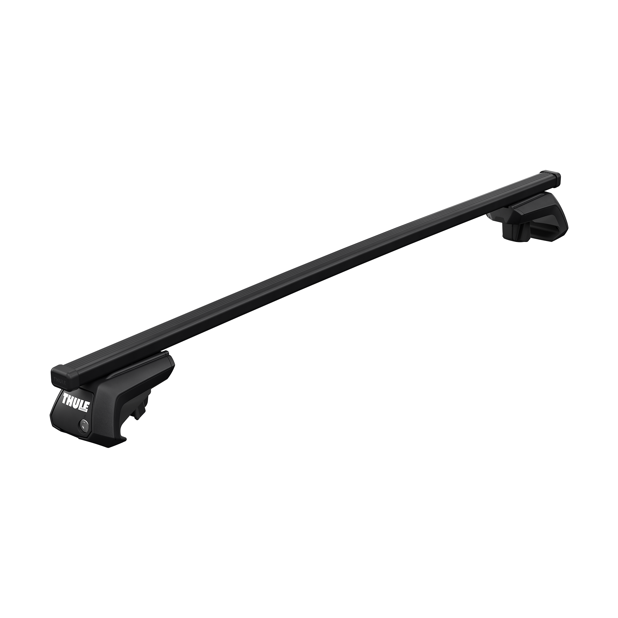 Thule SquareBar Evo black roof bar with raised rail foot pack on a white background.