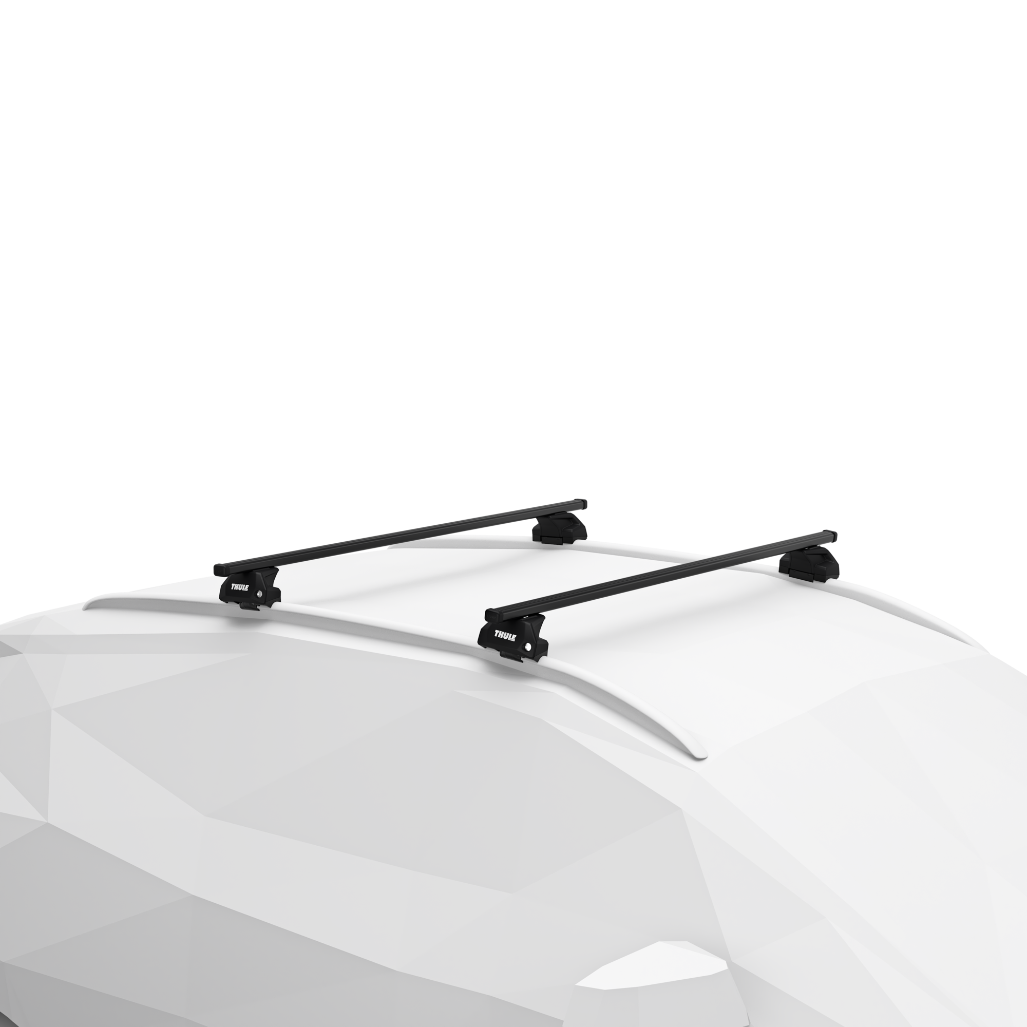 Thule SquareBar Evo black roof rack kit mounted on a white SUV with flush rails.