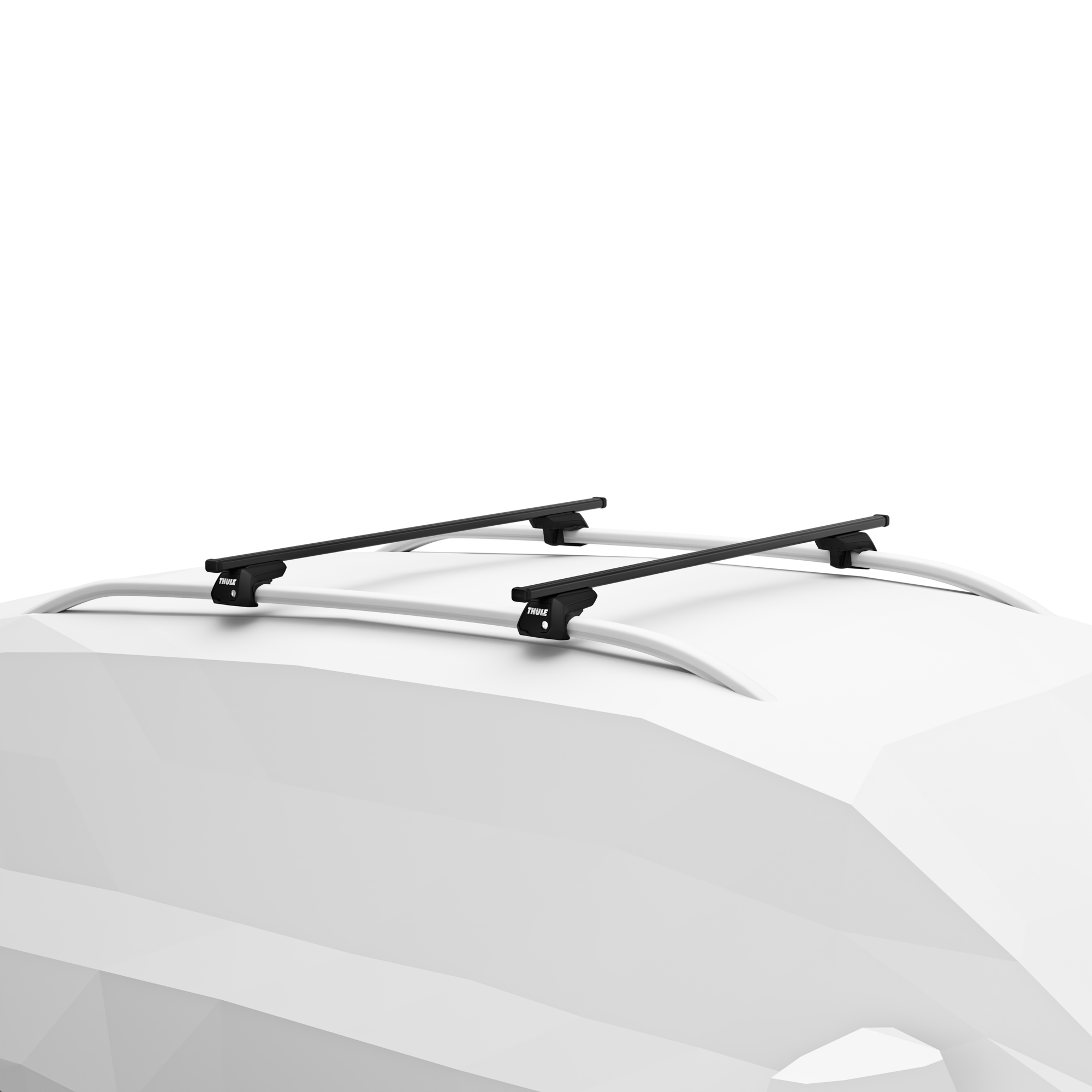 Thule SquareBar Evo black roof bars mounted on silver raised side rails of a white vehicle.