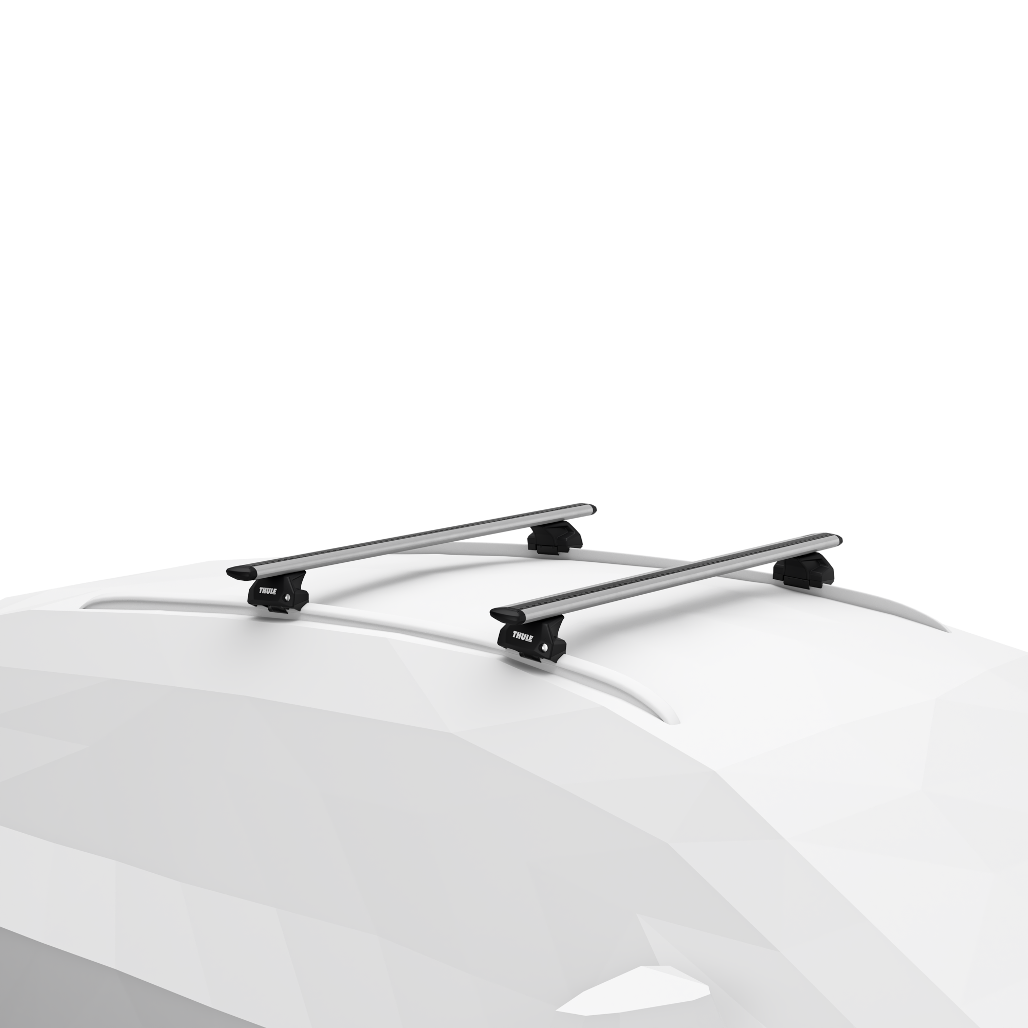 Thule WingBar Evo silver roof rack kit mounted on a white SUV with flush rails.