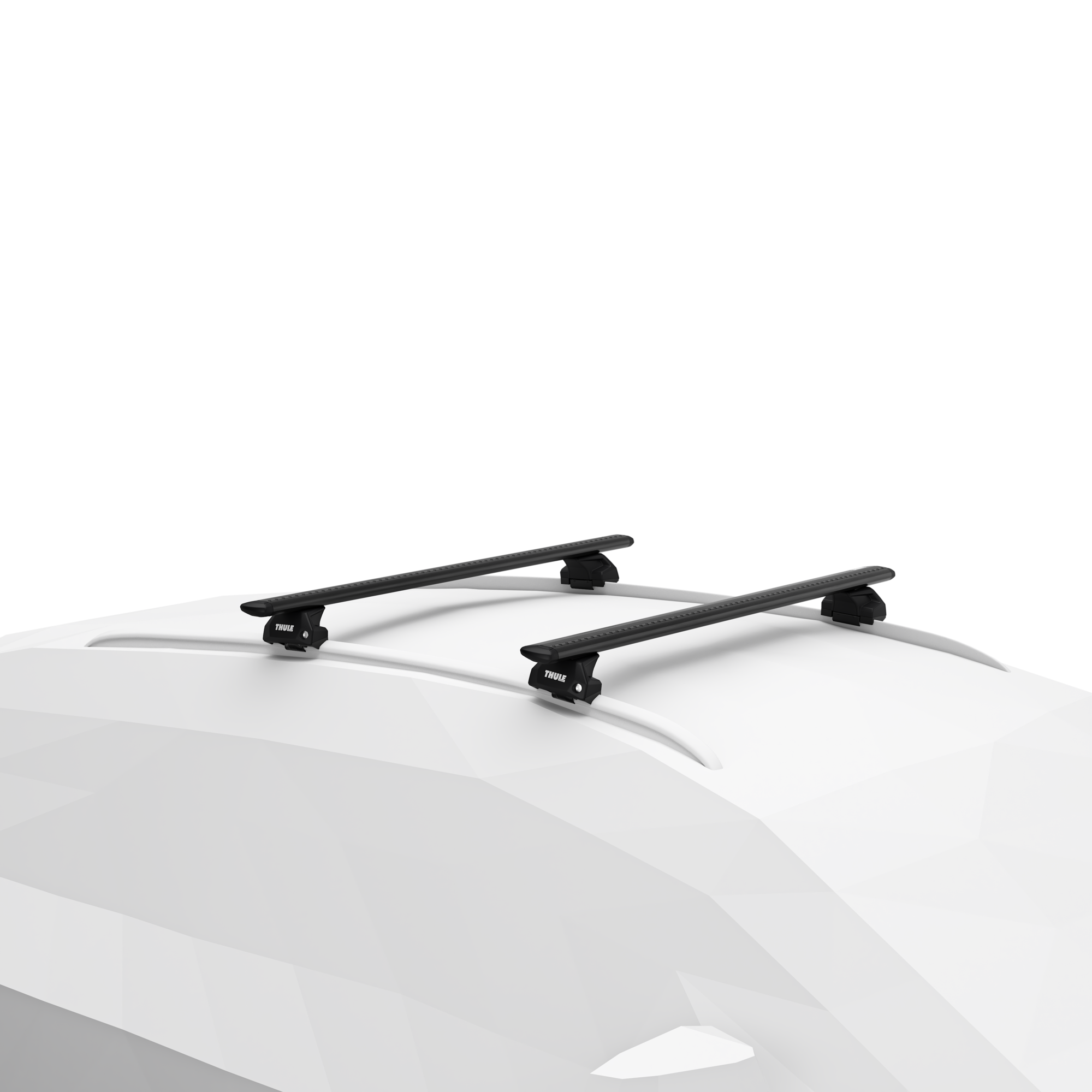 Thule WingBar Evo black roof bars mounted on white SUV flush rails