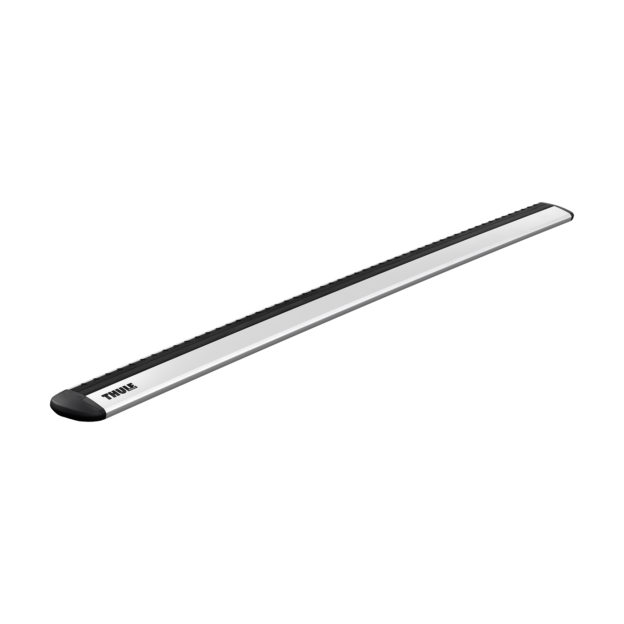 Thule WingBar Evo silver aluminum roof rack bar with black rubber strip and end cap.