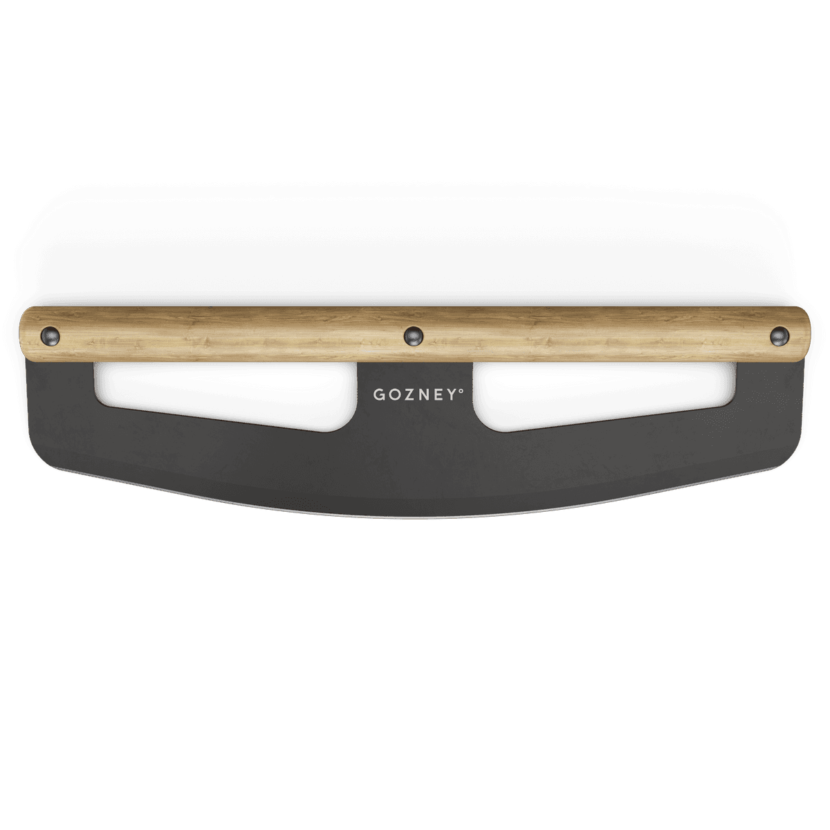 Gozney Pizza Rocker with a 13¾" black stainless steel blade and ergonomic wooden handle.