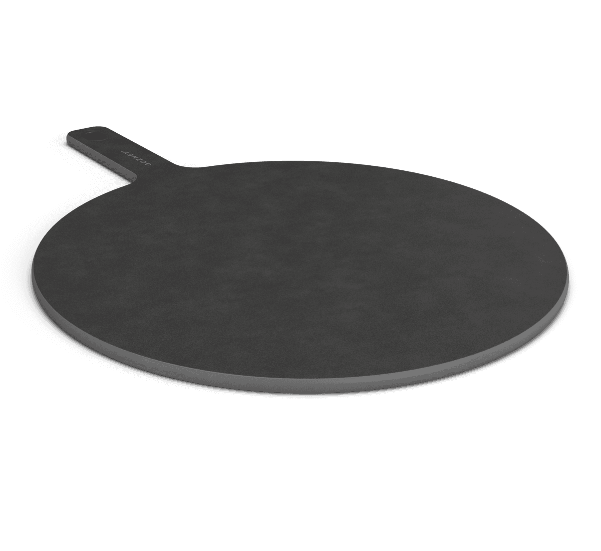 Gozney Pizza Server, a round, black fibre board server with a comfortable handle, shown in 14" size.