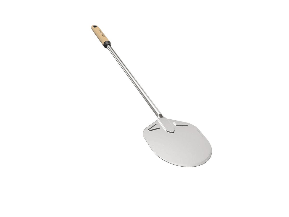 Utility Turning Peel with a long stainless steel handle and round 52mm blade, light wood handle.