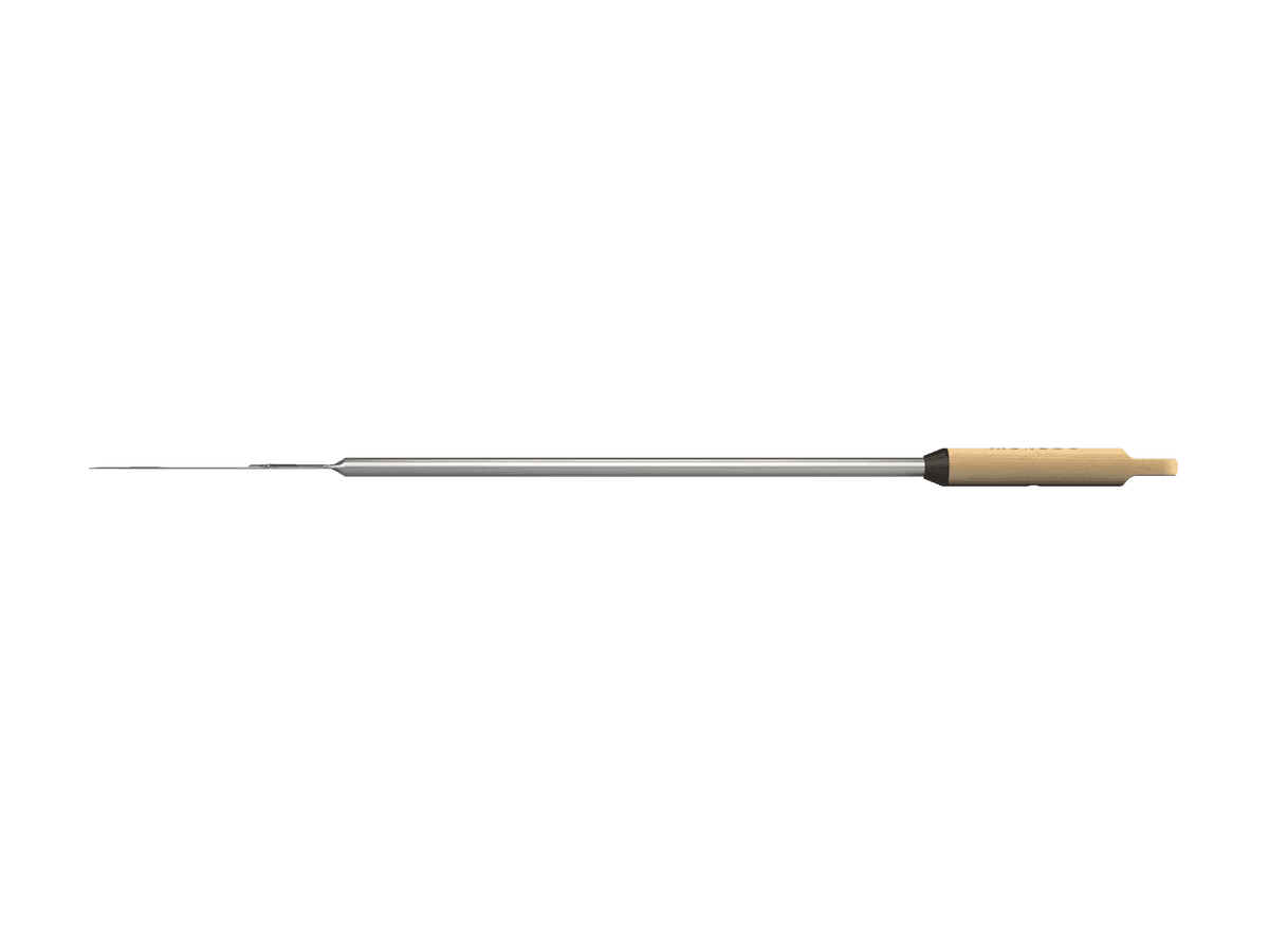 Long utility turning peel with a thin stainless steel blade and a light wood handle.