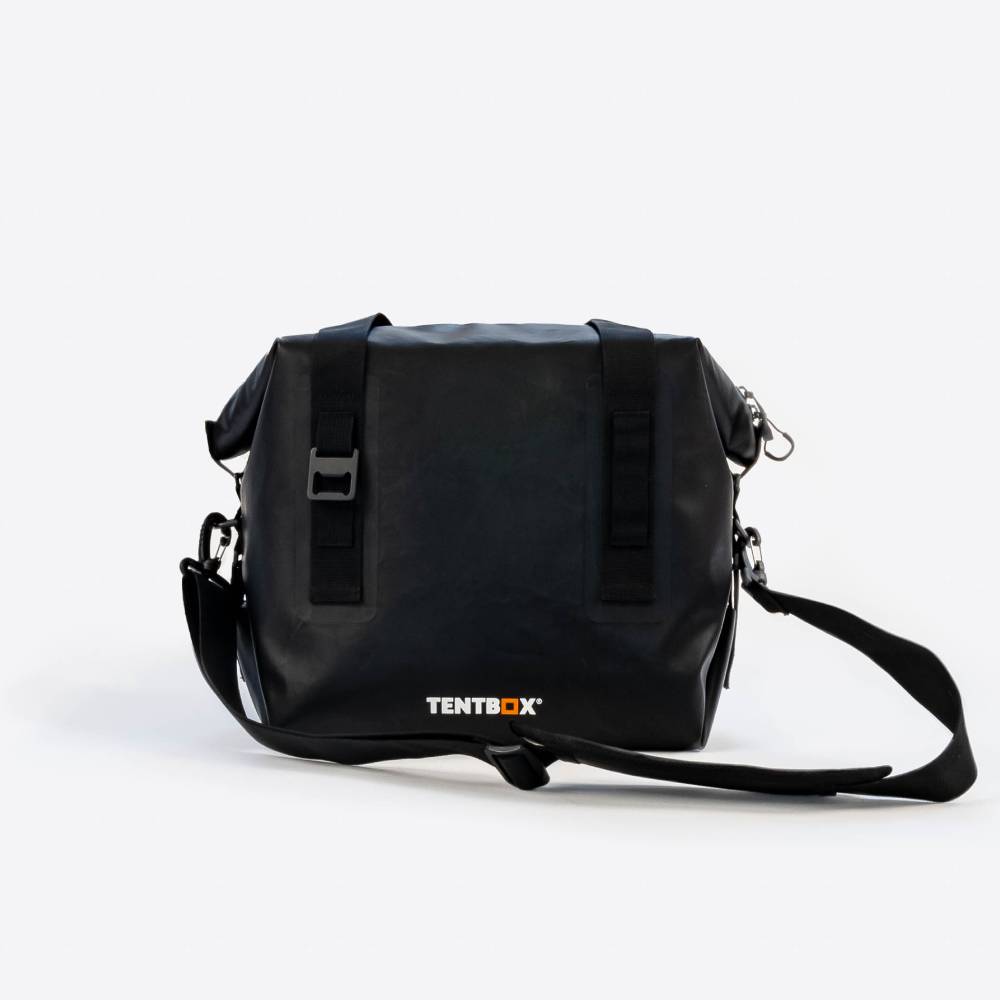 Black TentBox Cool Bag with rugged, water-resistant fabric, shoulder strap, and grab handles.