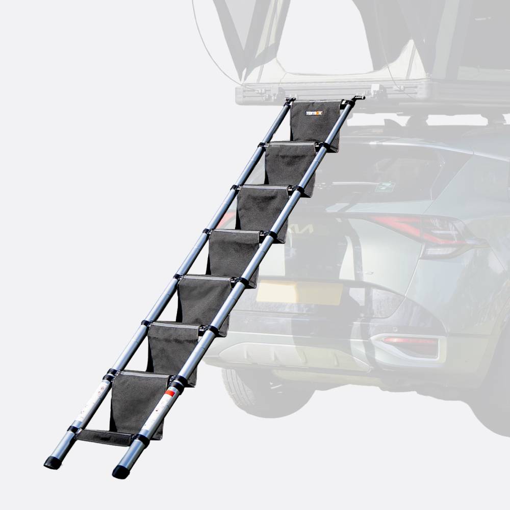 TentBox Ladder Steps: Silver aluminum ladder with wide, dark grey fabric anti-slip treads, attached to a car roof tent.