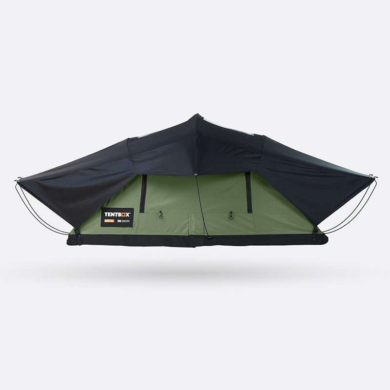 TentBox Lite XL roof tent, olive green base with black rainfly, closed for travel.