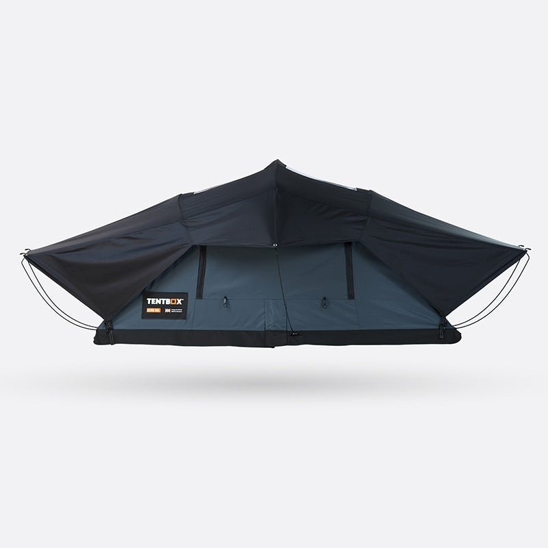 TentBox Lite XL roof tent, dark grey ripstop polyester, closed for travel.