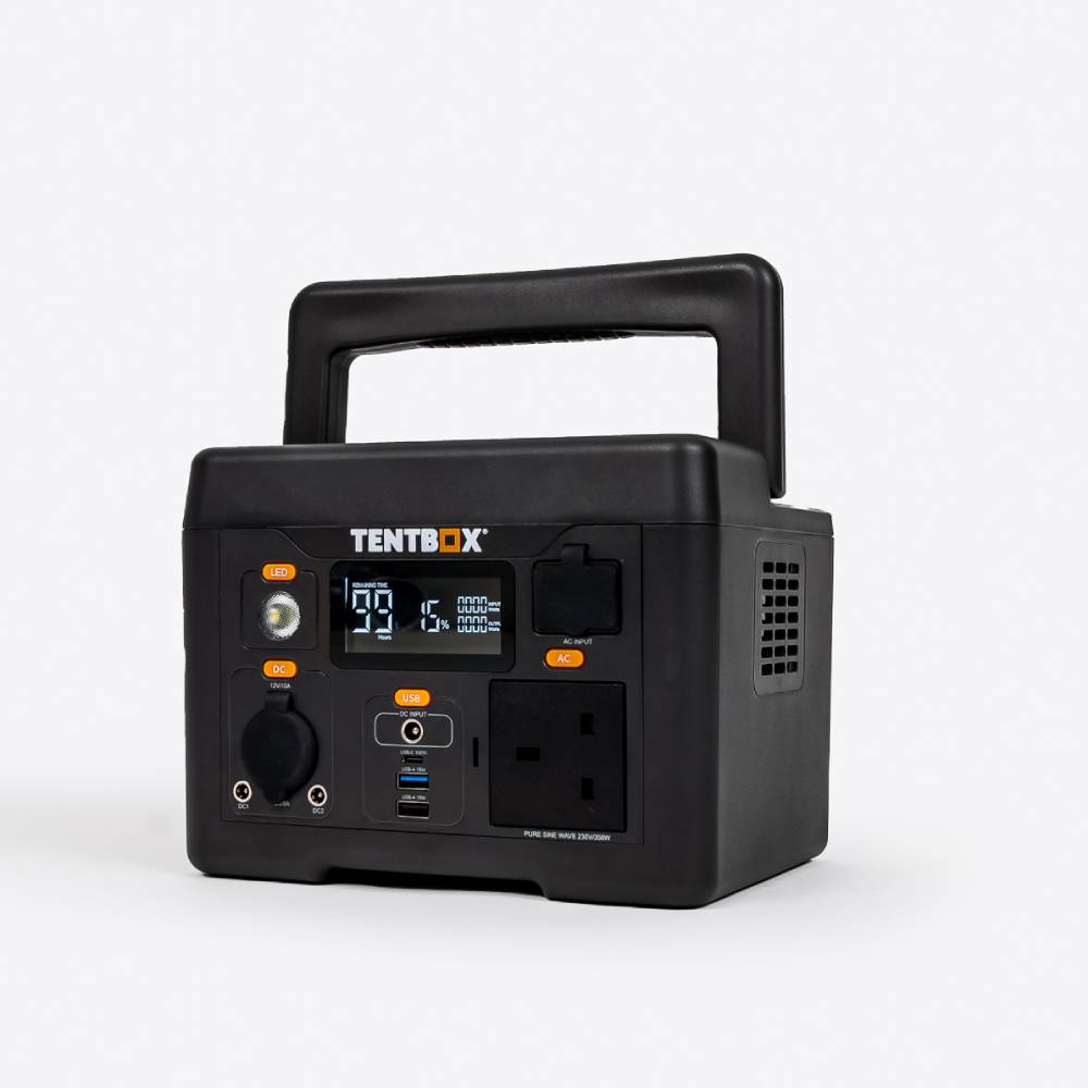 Black TentBox Power Station with orange accents, multiple ports, and a digital display.