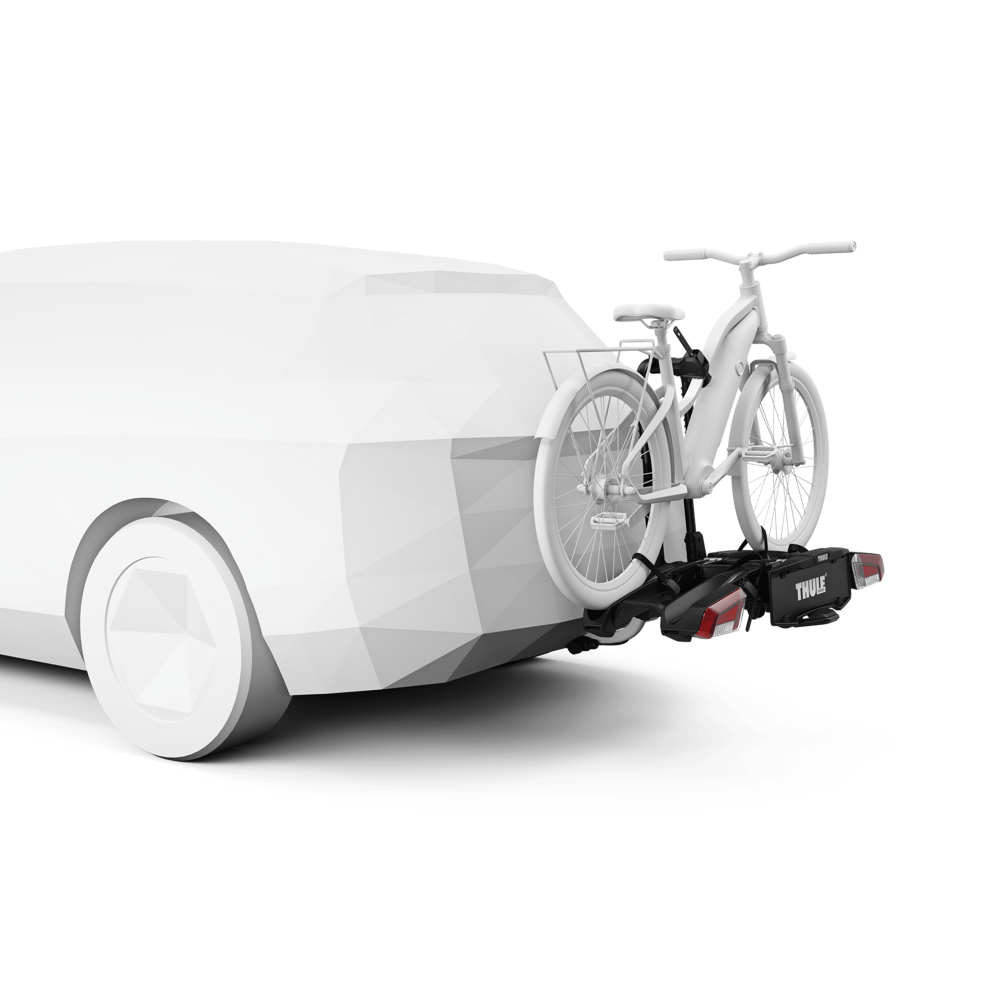 Thule EasyFold 3 black steel towbar bike carrier with two white e-bikes on a white car.