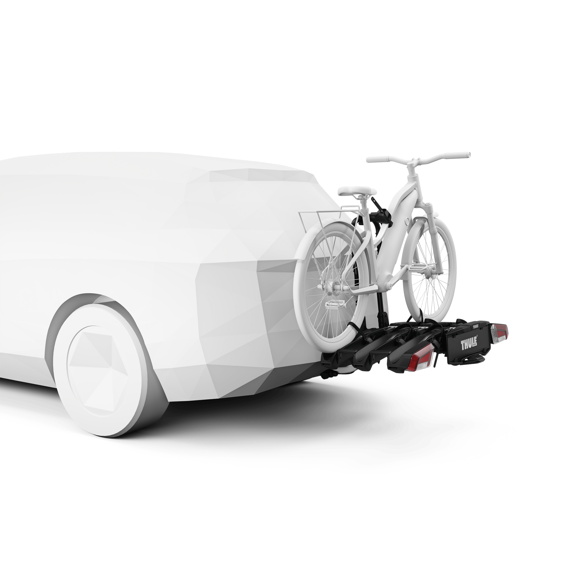 Black Thule EasyFold 3 towbar-mounted bike carrier with a white e-bike attached, on the rear of a white car.