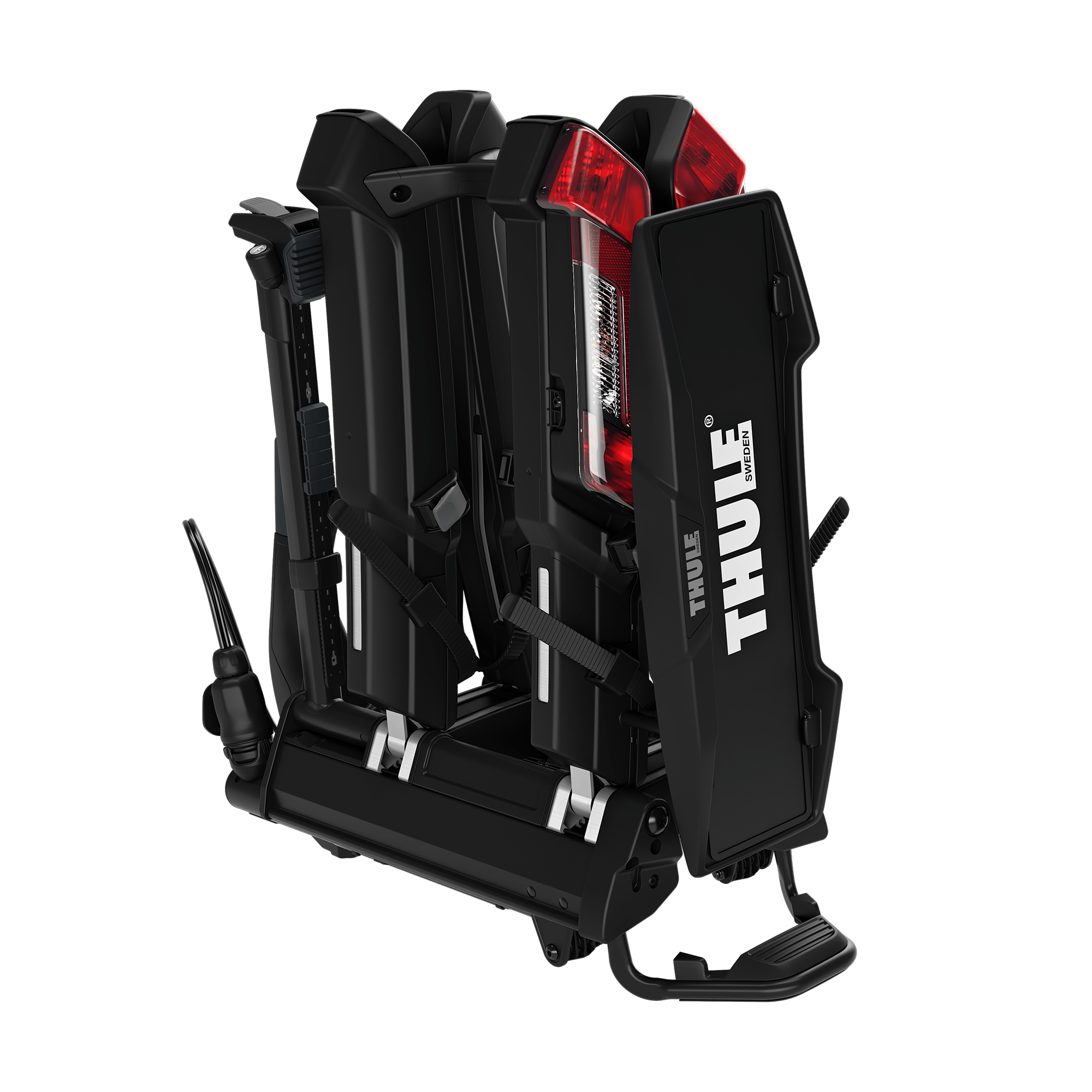 Black Thule Epos 2-bike rack, folded for storage, showing red taillights and white Thule logo.