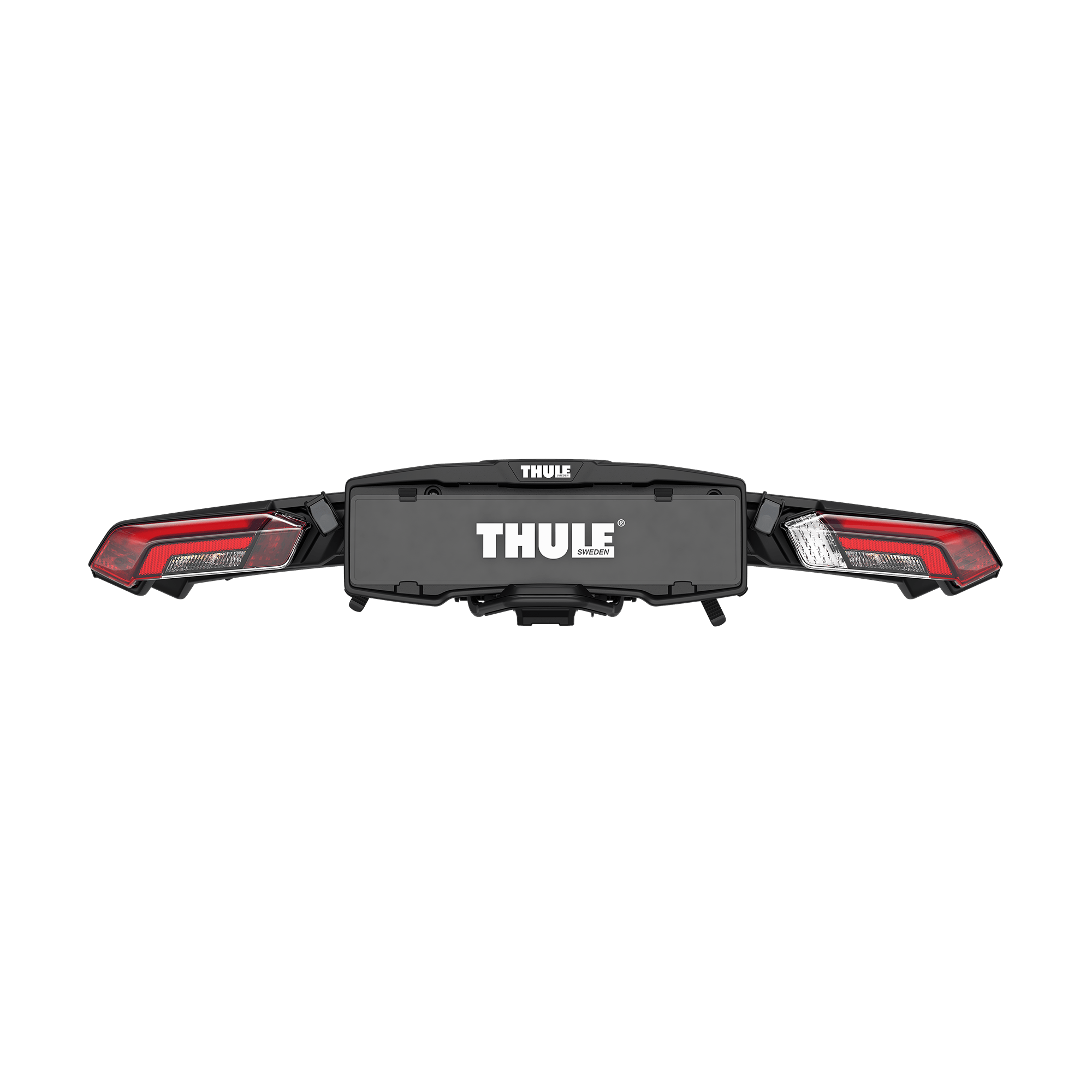 Black Thule Epos 2-bike rack with red and white taillights, license plate holder, and telescopic bike attachment system.