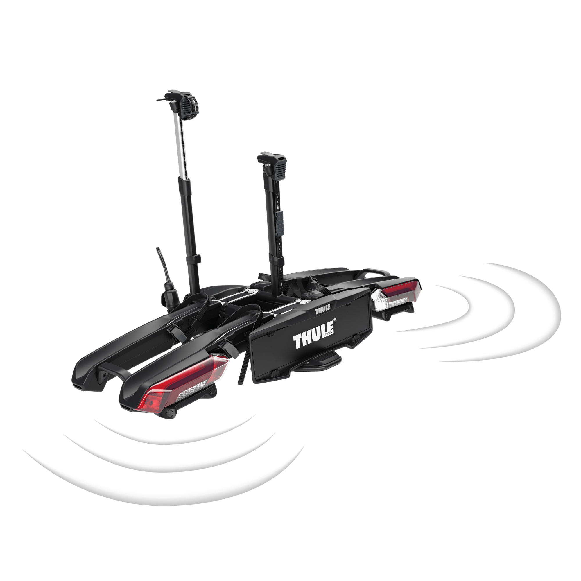 Black Thule Epos ParkSecure 2B RHD towbar bike carrier with red taillights and parking sensor waves.