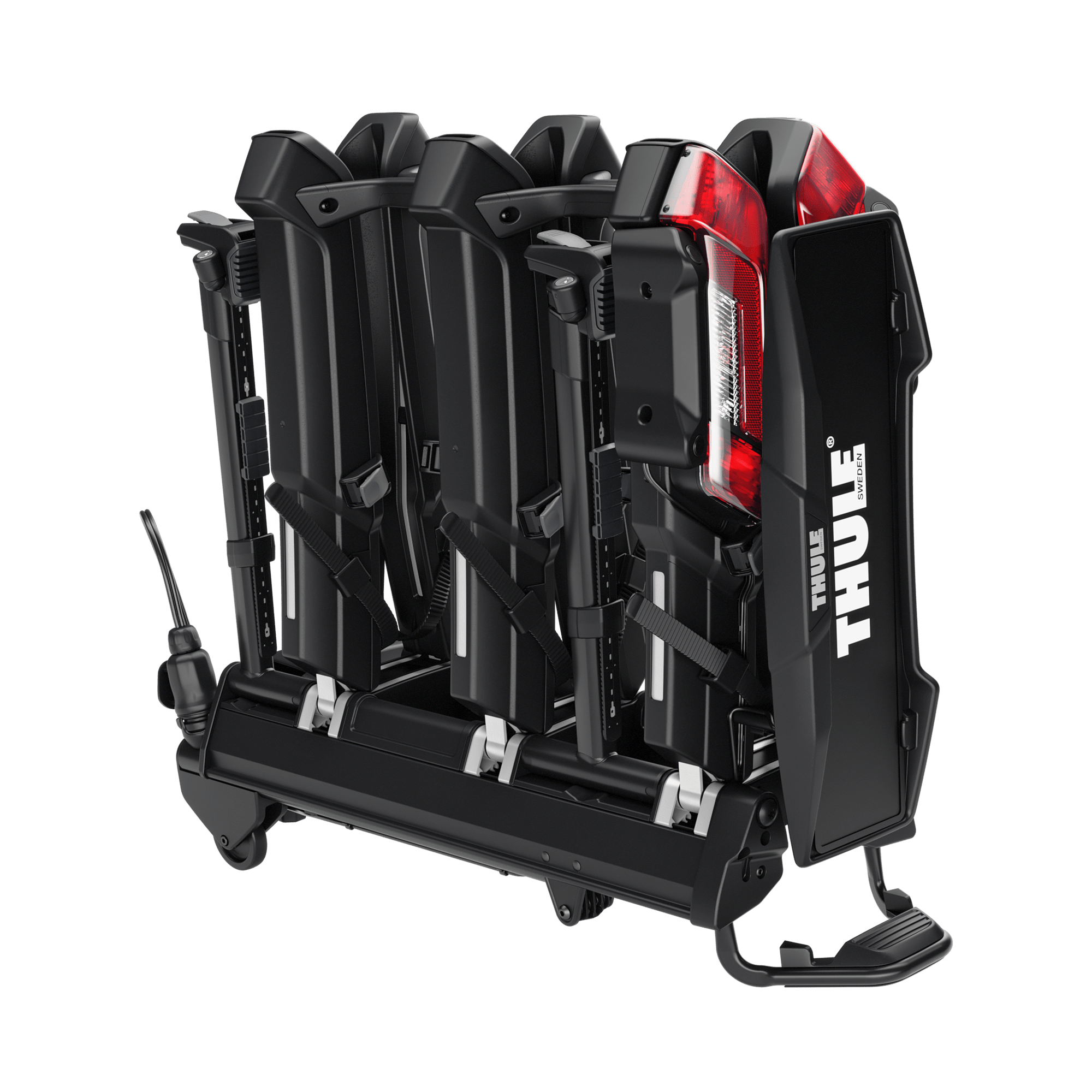 Black Thule Epos ParkSecure 3B RHD towbar bike carrier, folded compact with red taillights and Thule logo.