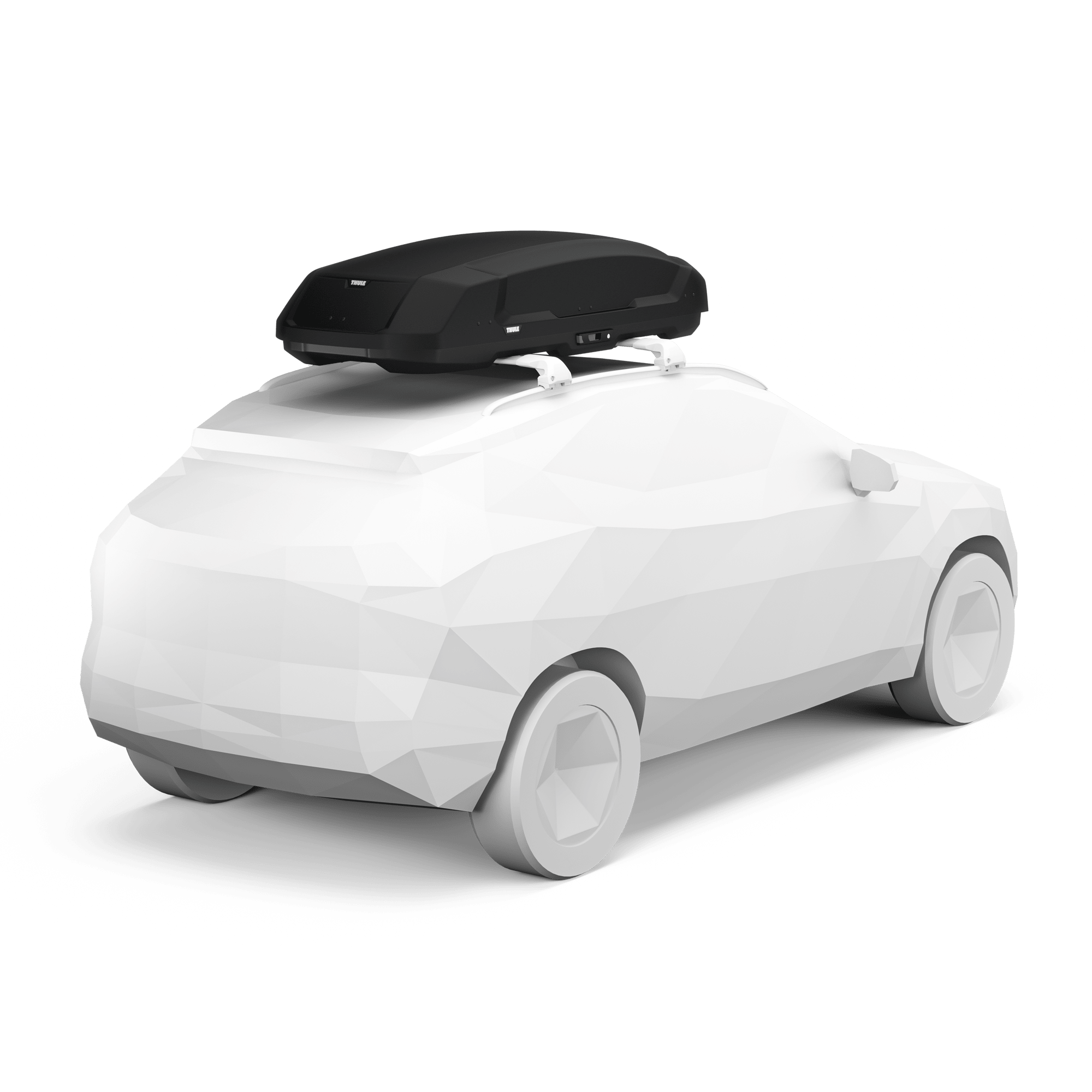 Sleek black Thule Force 3 L roof cargo box mounted on a white car, showcasing its durable ABS plastic design.