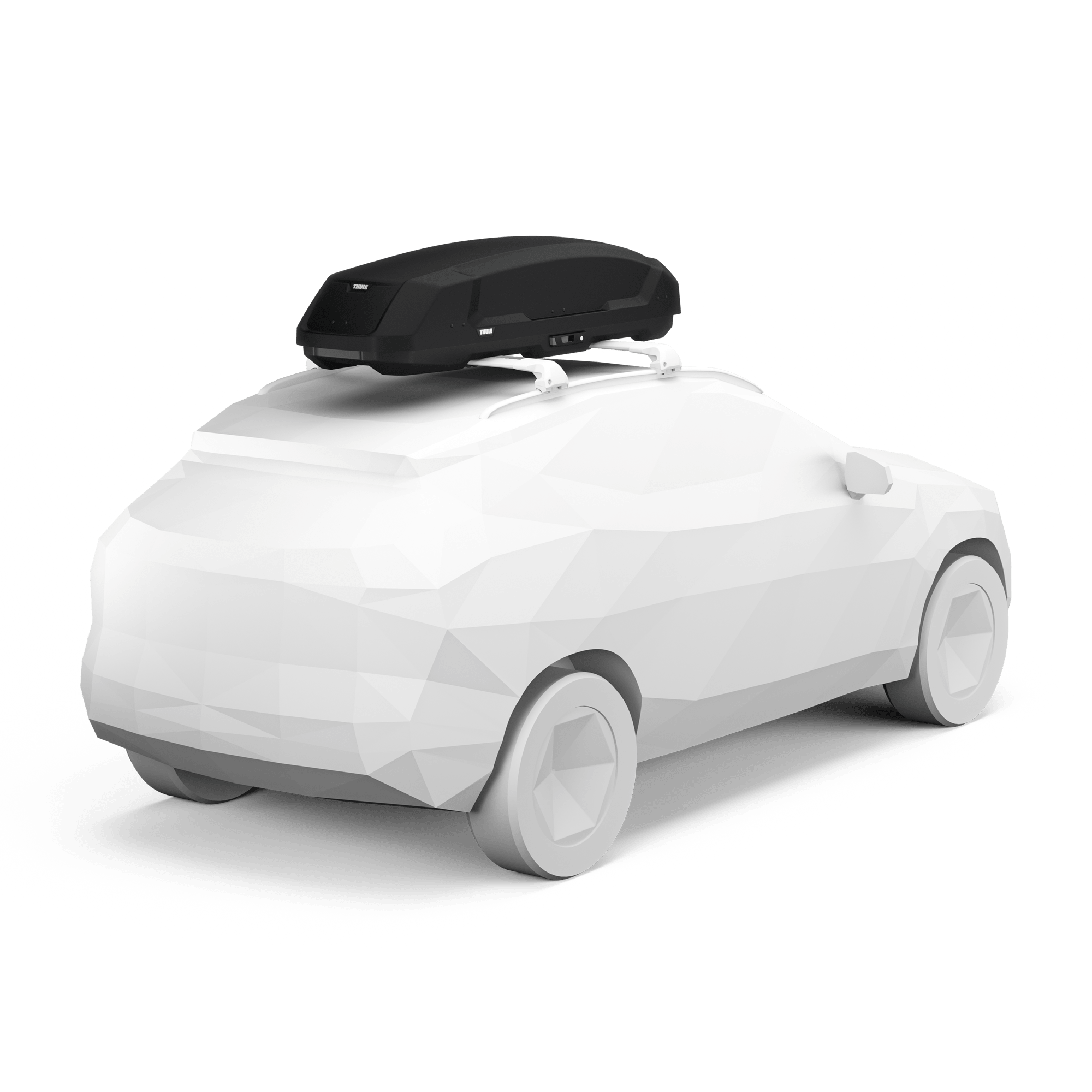 Black Thule Force 3 L Sport roof cargo box on a white car, showcasing its sleek design and forward position.