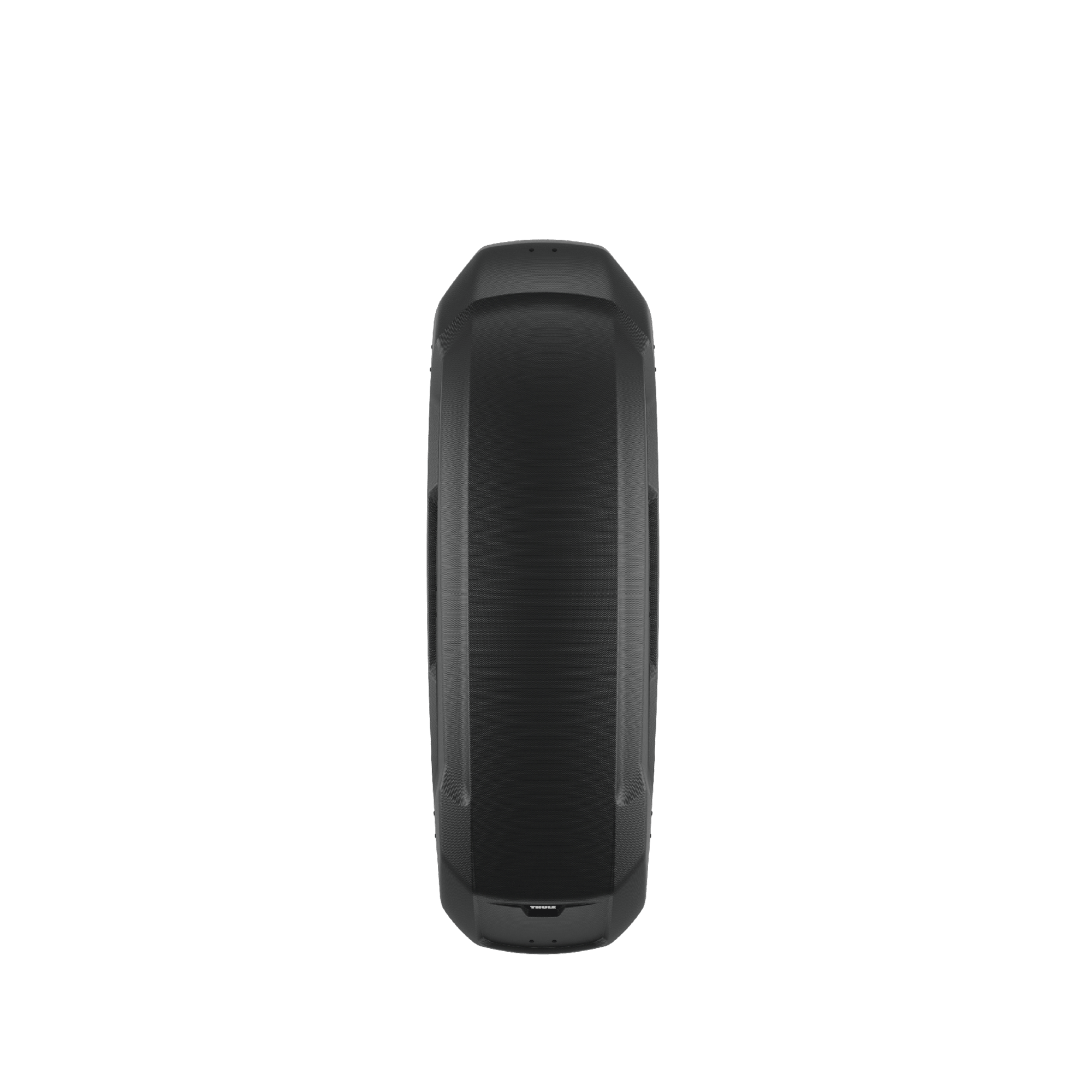 Sleek black Thule Force 3 L Sport roof cargo box, top-down view, showing textured ABS plastic and aerodynamic design.
