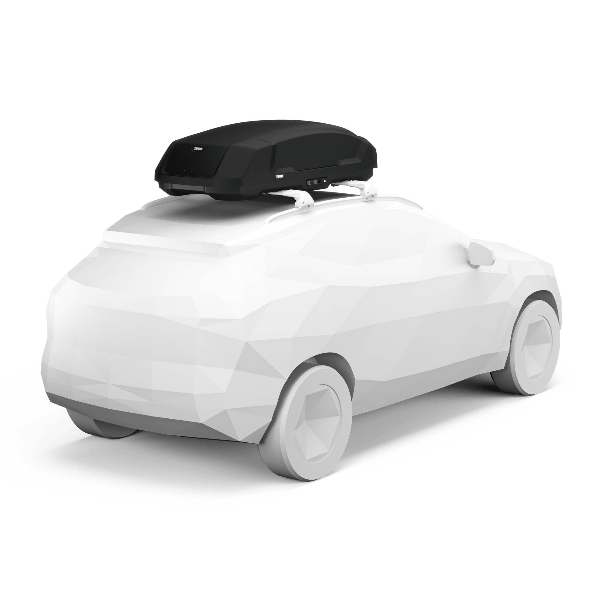 Black Thule Force 3 M roof cargo box on a white car, showcasing its sleek, durable design.