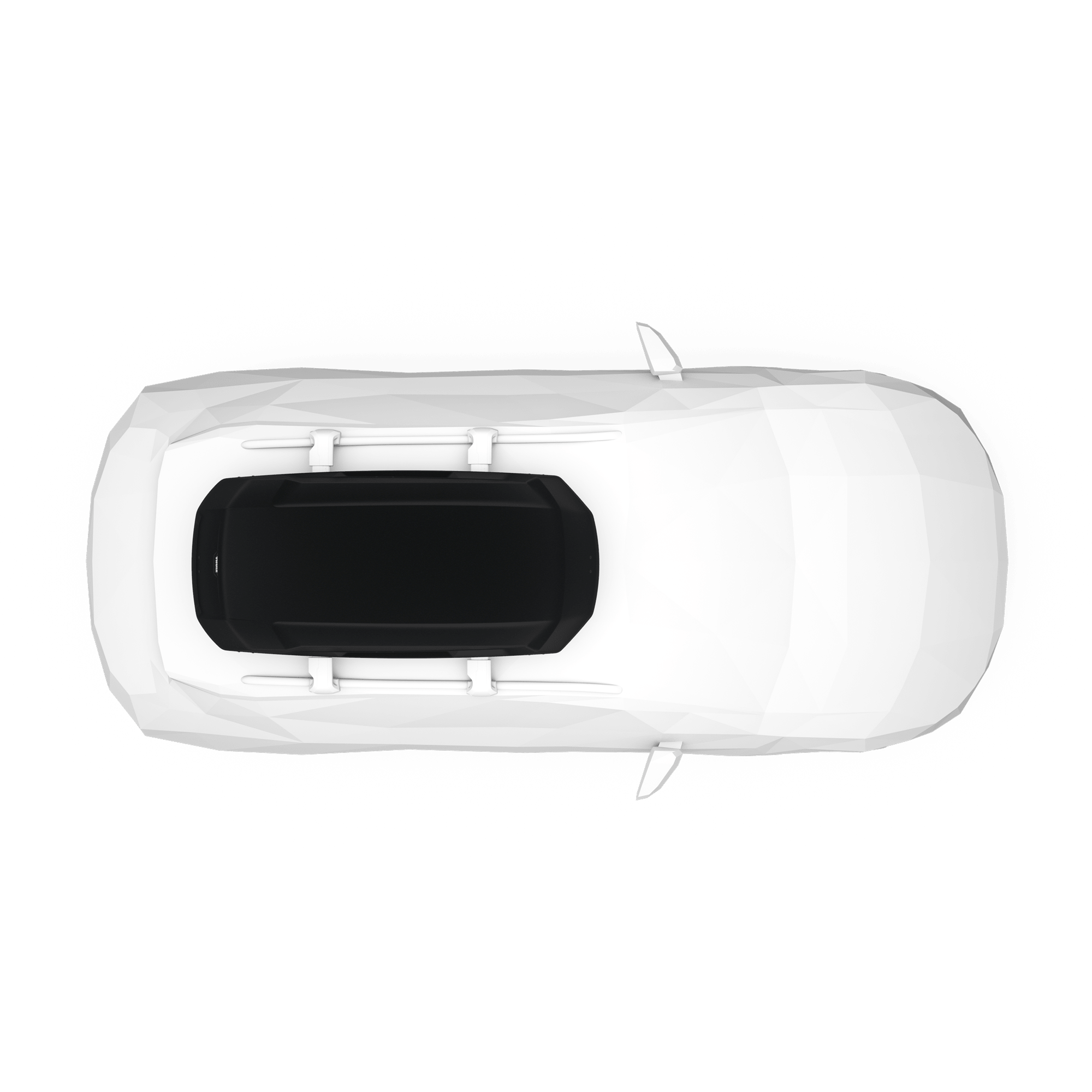 Top-down view of a white car with a sleek, black Thule Force 3 M roof cargo box.
