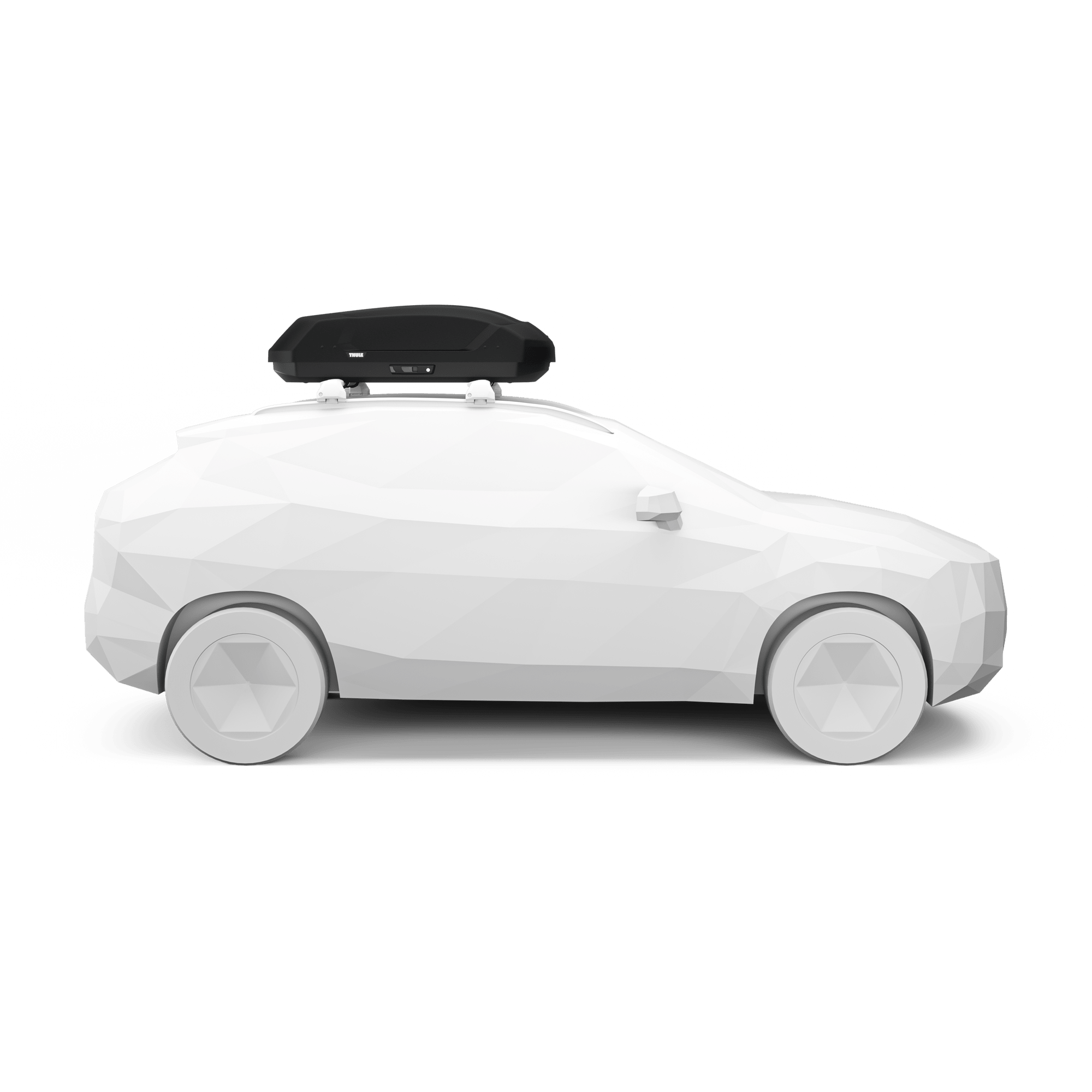 Black Thule Force 3 S roof cargo box on a white polygonal car model, showcasing its sleek, aerodynamic design.