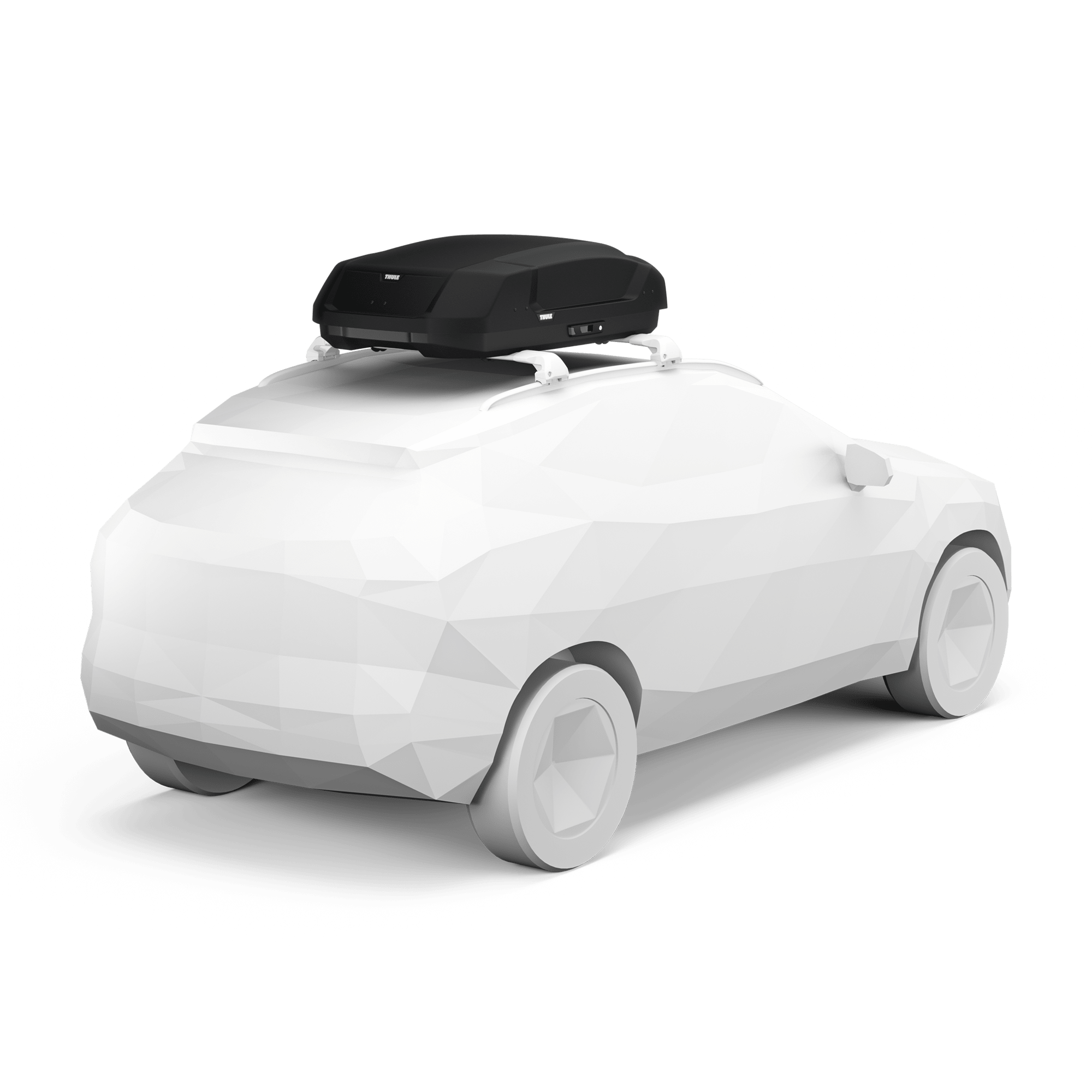 Black Thule Force 3 S roof cargo box on a white car, showcasing its sleek, forward-leaning design.
