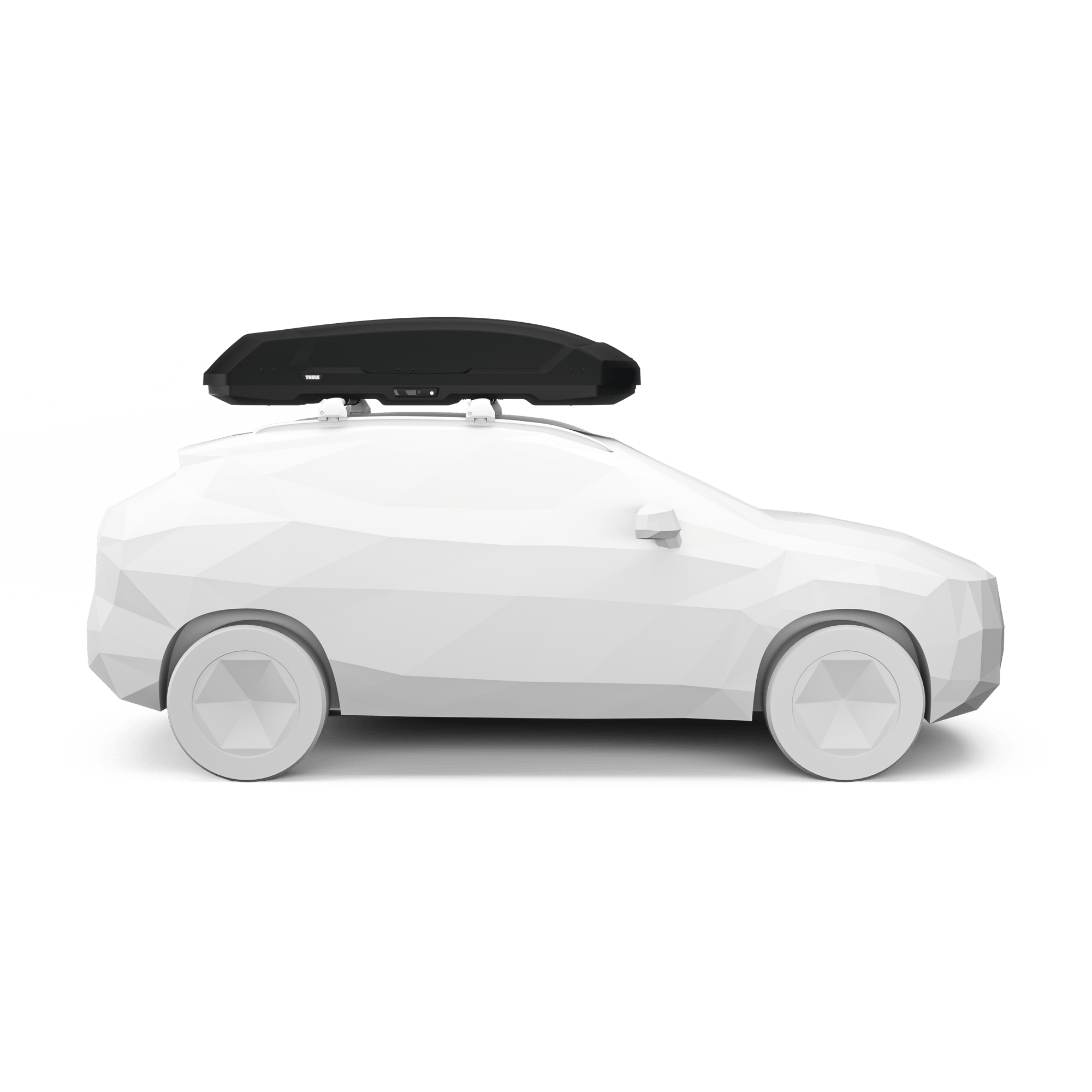 Black Thule Force 3 XL roof cargo box mounted on a white polygonal car model.