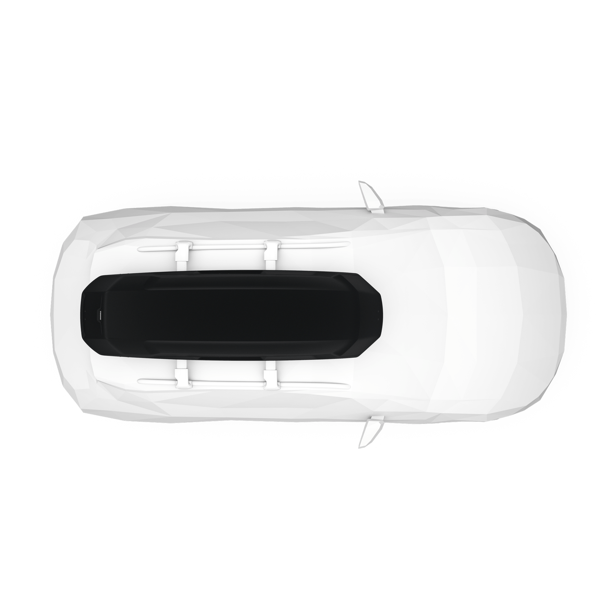 Black Thule Force 3 XXL Sport cargo box mounted on a white car's roof, top-down view.