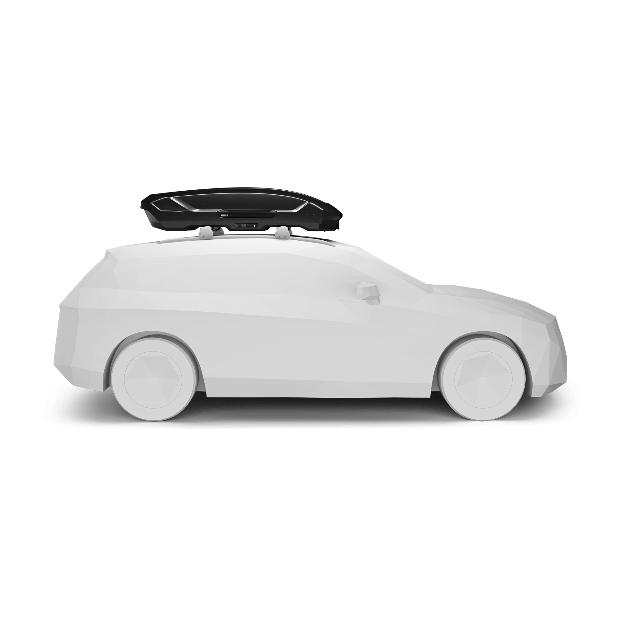 Glossy black Thule Motion 3 L roof box on a white car model, showcasing its sleek, aerodynamic design.