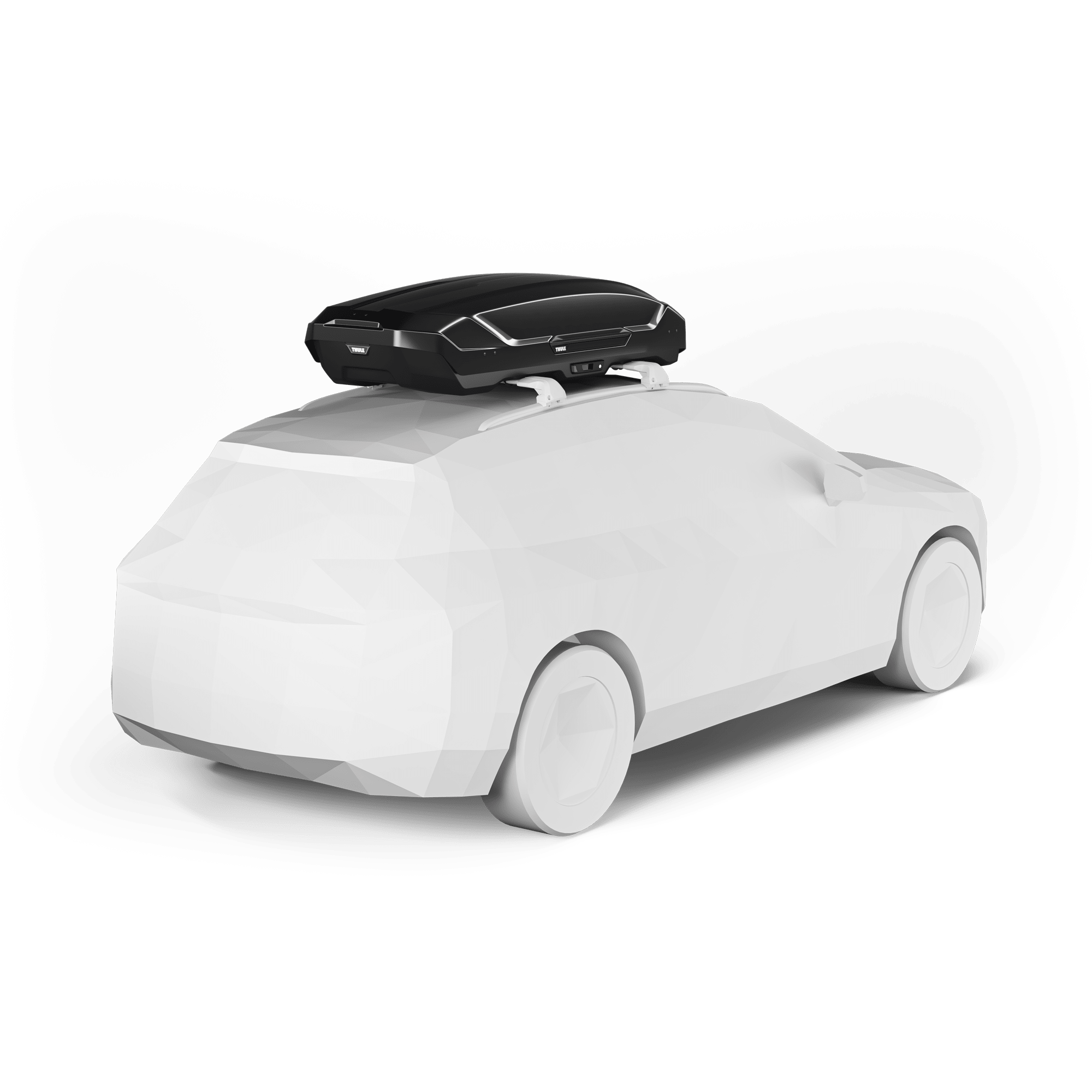 Thule Motion 3 L glossy black roof box on a white polygonal car model.