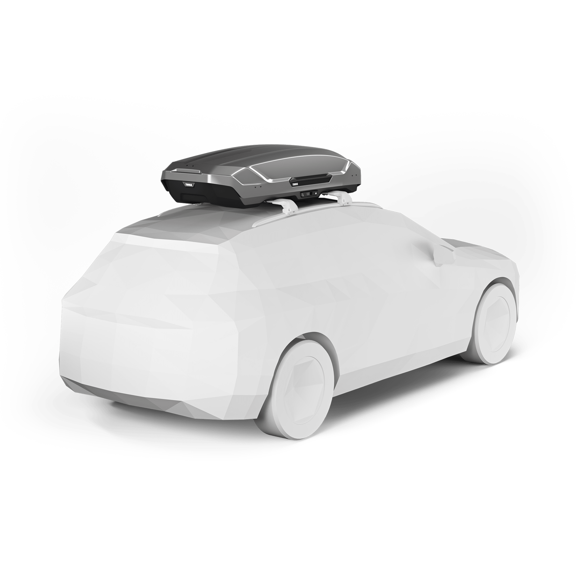 Thule Motion 3 L Titan Glossy roof box on a white car, showcasing its sleek, aerodynamic design.
