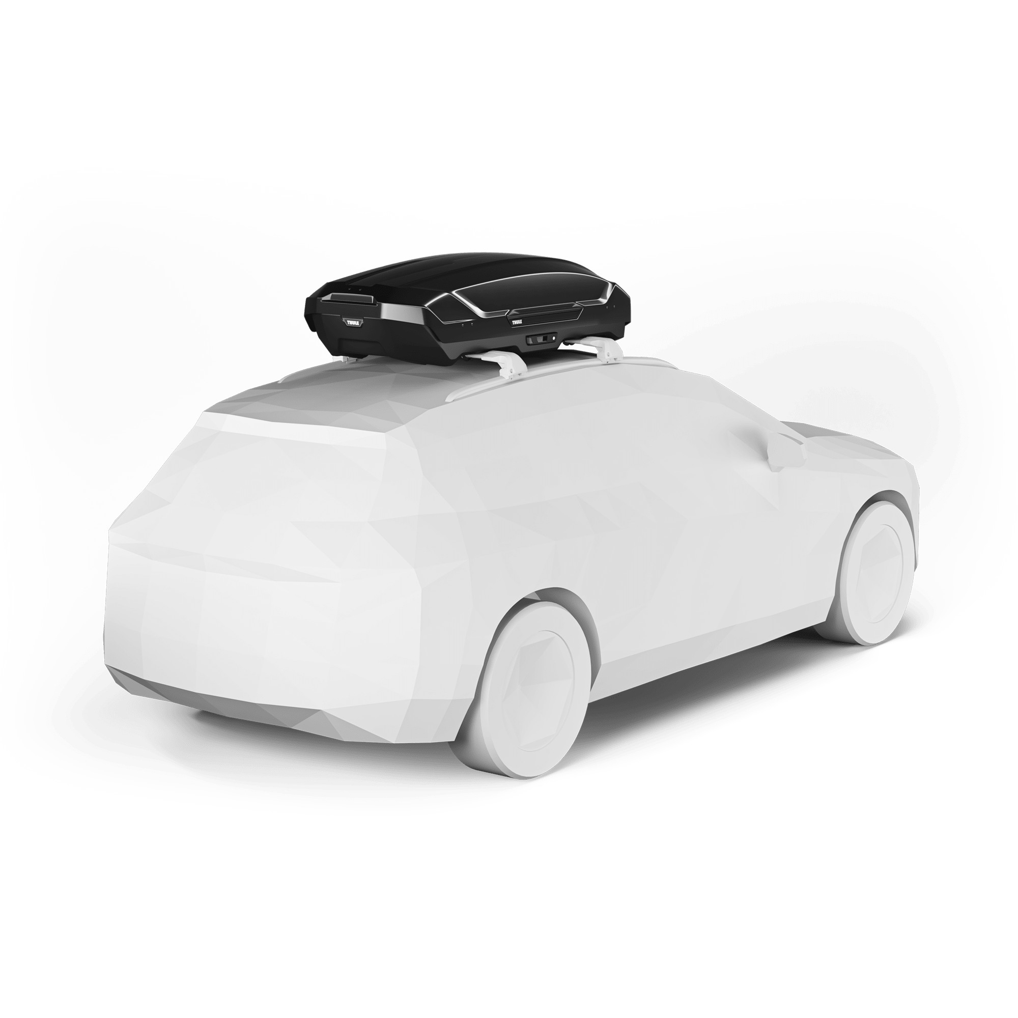 Black Thule Motion 3 M roof box on a white car, showcasing its sleek, aerodynamic design.