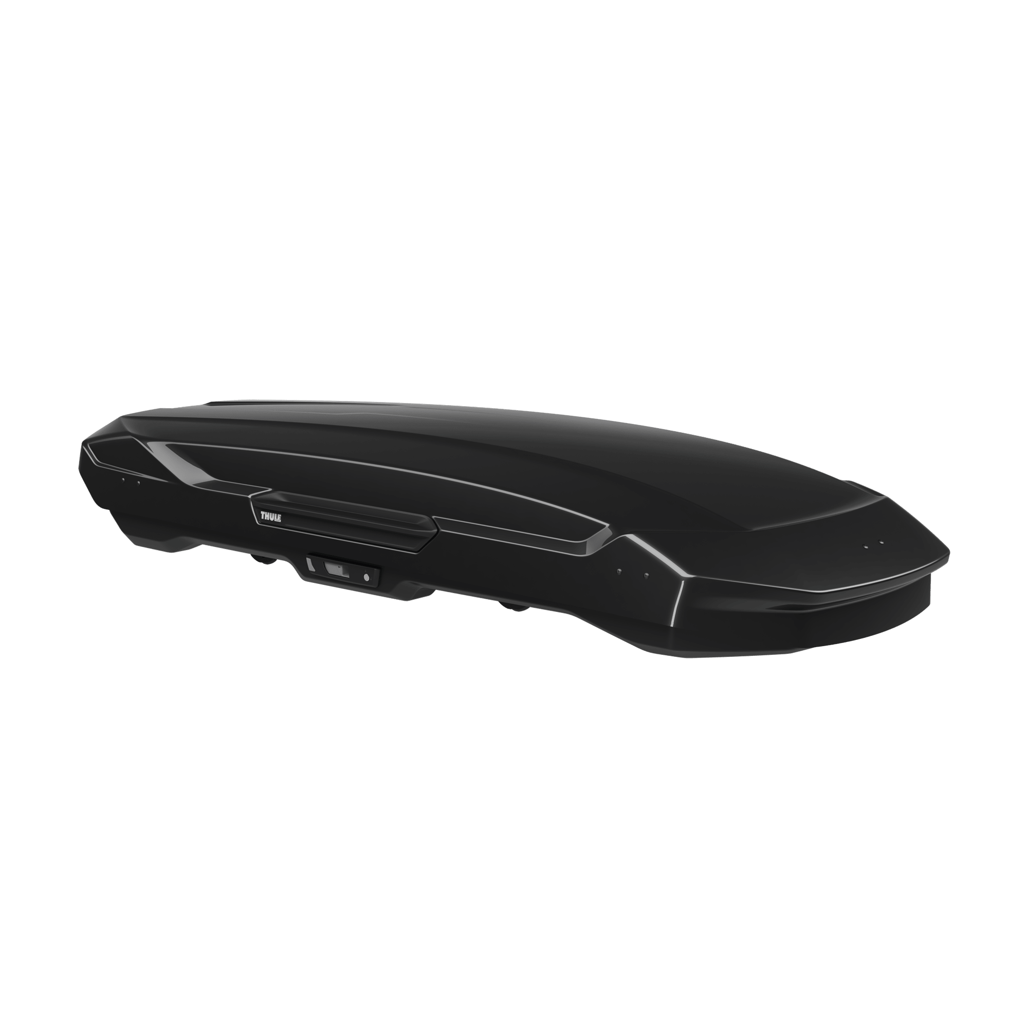 Thule Motion 3 XL Low roof box in black glossy ABS plastic, featuring a sleek, aerodynamic design.