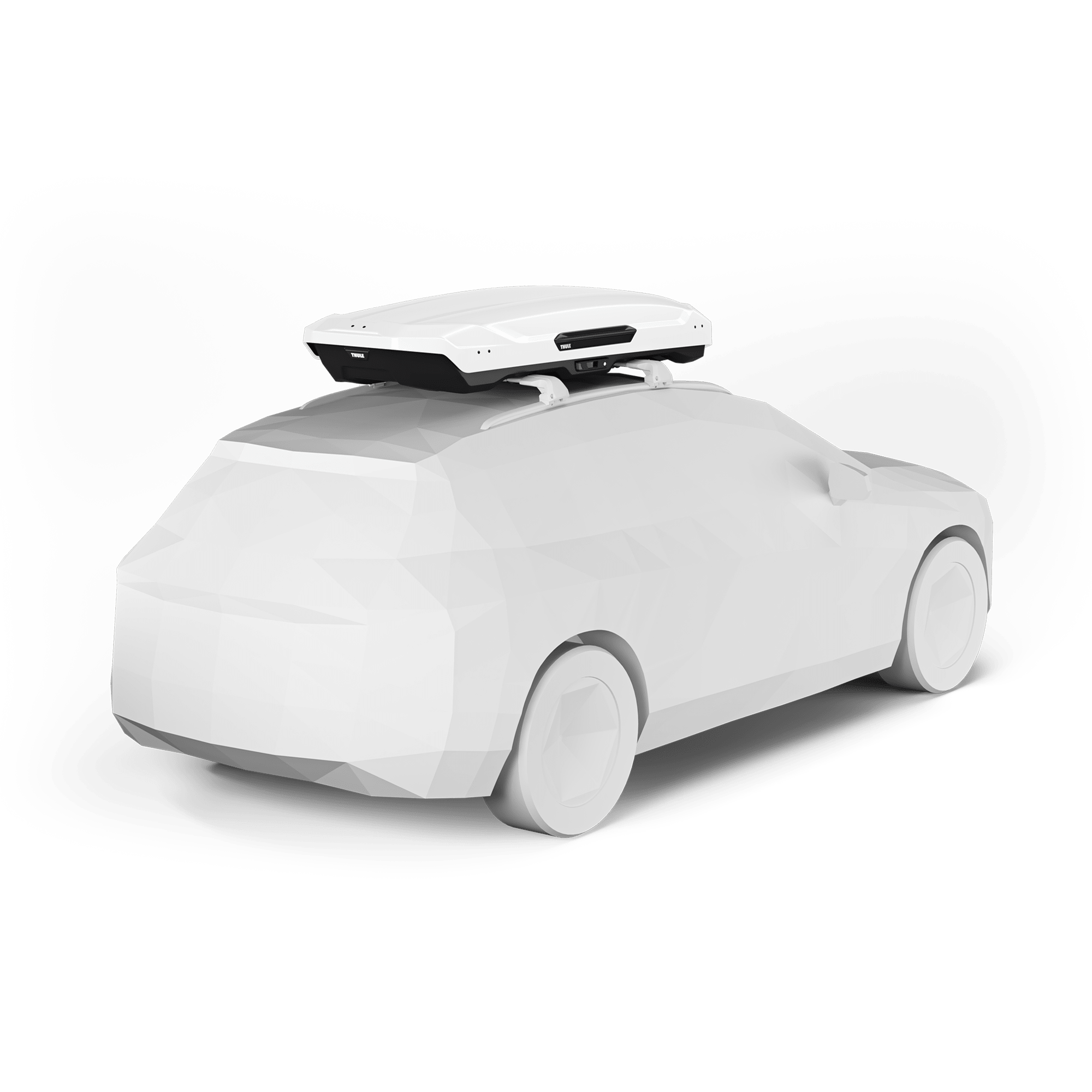 White Thule Motion 3 XL Low roof box on a car, sleek ABS plastic, aerodynamic design.