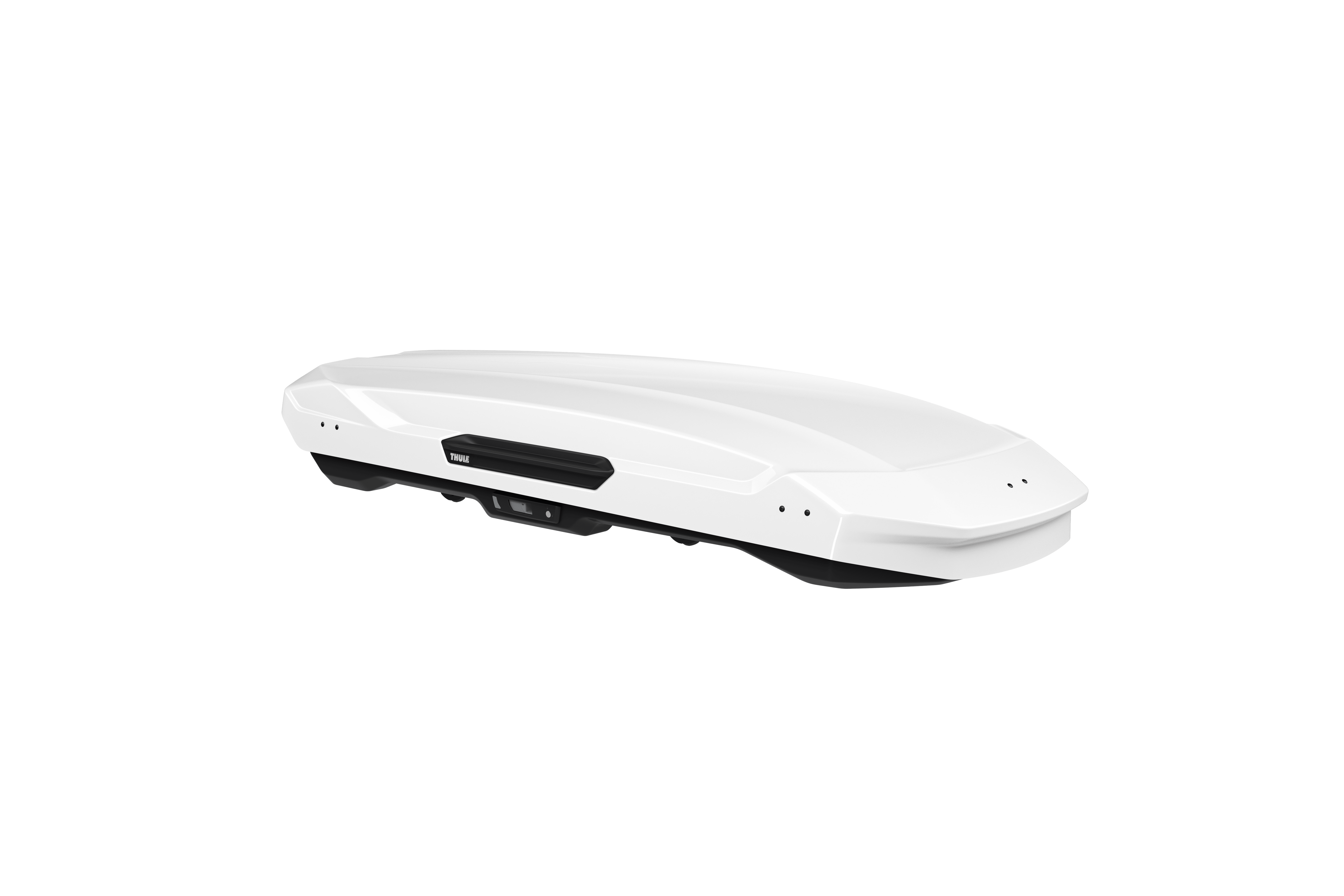 Thule Motion 3 XL Low roof box in glossy white ABS plastic, featuring a sleek, aerodynamic design.