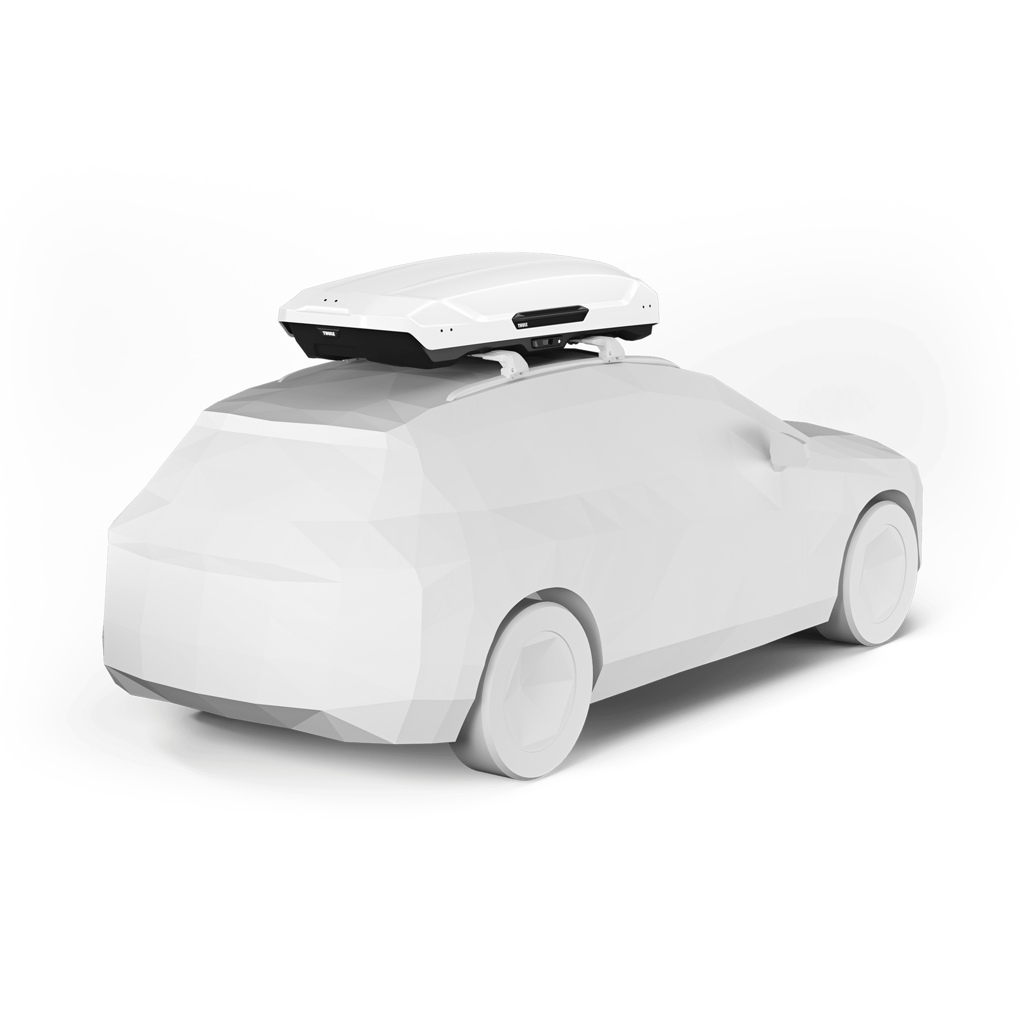 White glossy Thule Motion 3 XL roof box mounted on a white car's roof, showcasing its sleek, aerodynamic design.