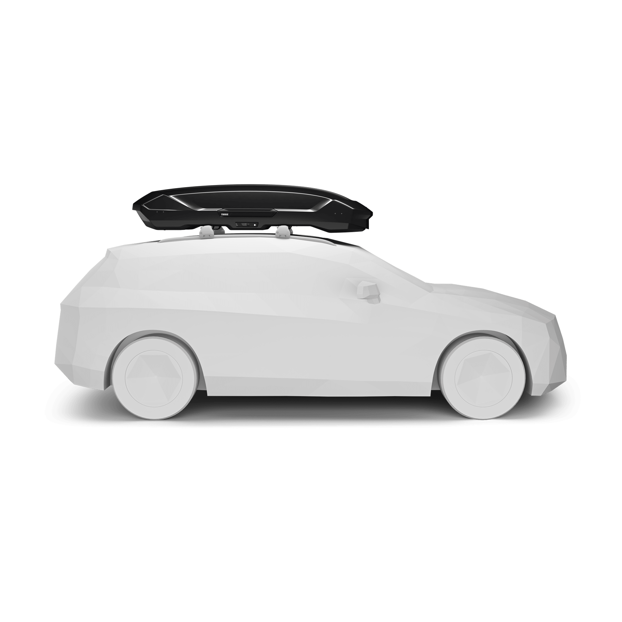 Black glossy Thule Motion 3 XXL roof box on a white car, showcasing its aerodynamic design.