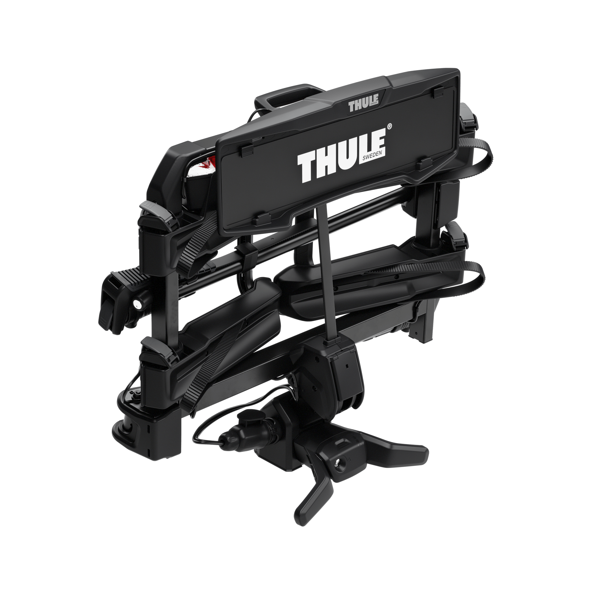 Black Thule OutPace 2-bike towbar rack, folded compact, with straps and secure bike positioning.