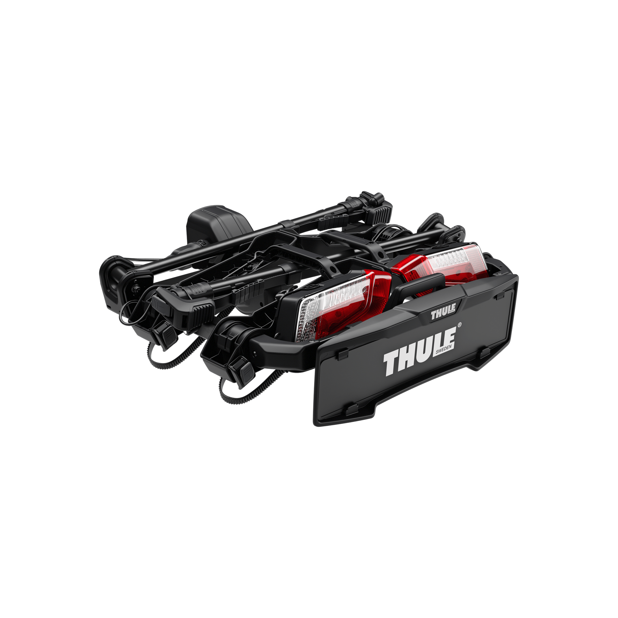 Black Thule OutPace 2-bike rack, folded compact with red and white taillights.