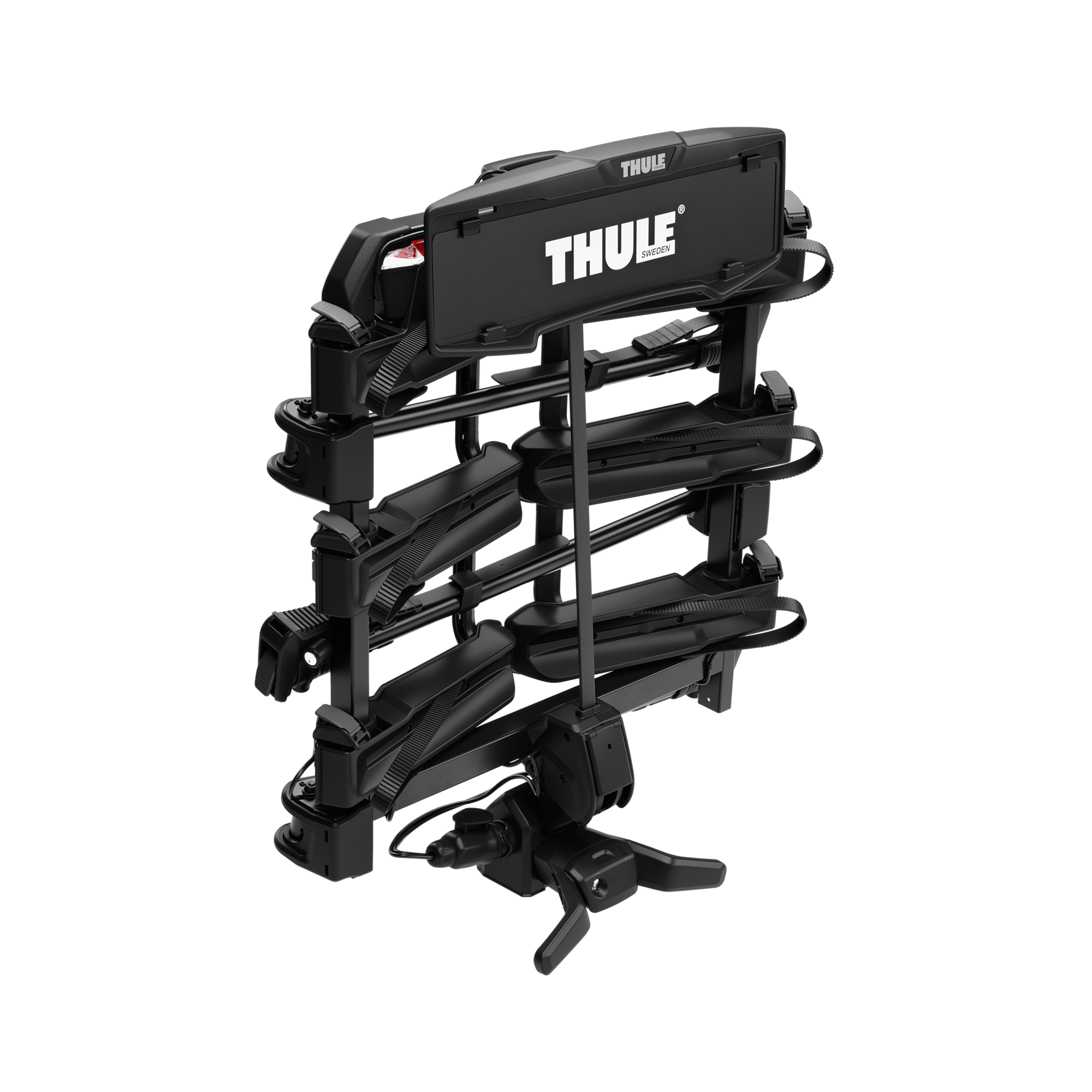 Black Thule OutPace 3-bike rack, compact platform design with tilting mechanism and secure bike cradles.