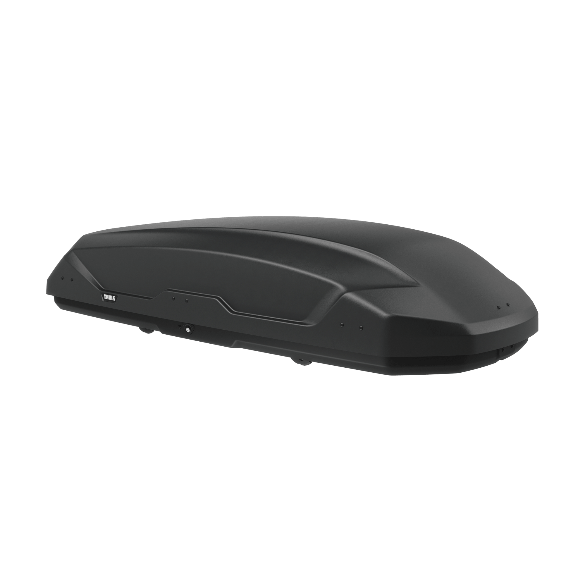 Sleek black Thule Pulse 2 L roof box, made of ASA-ABS plastic, with a streamlined design.