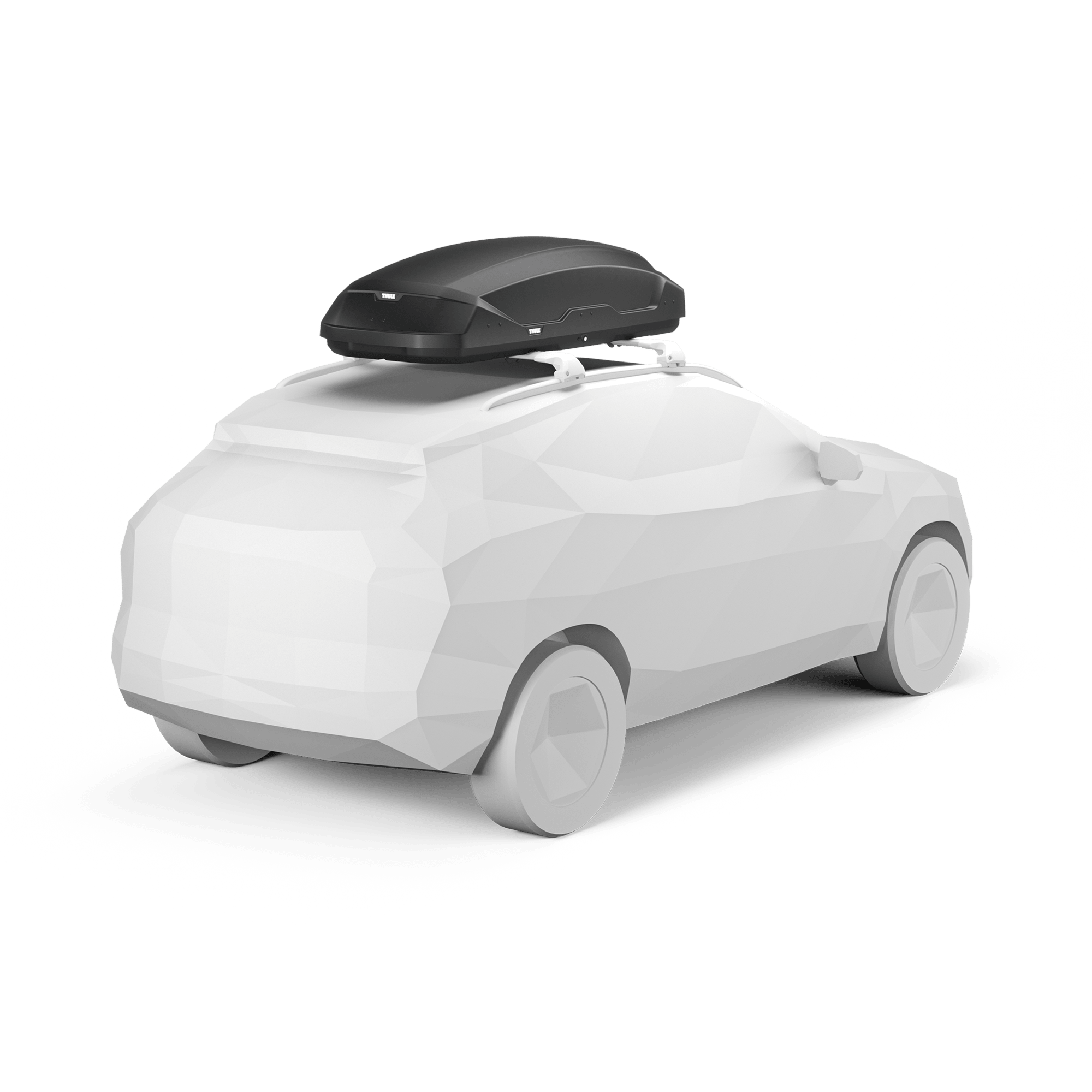 Black Thule Pulse 2 M roof box mounted on a white car, showcasing its streamlined design and roof rack attachment.