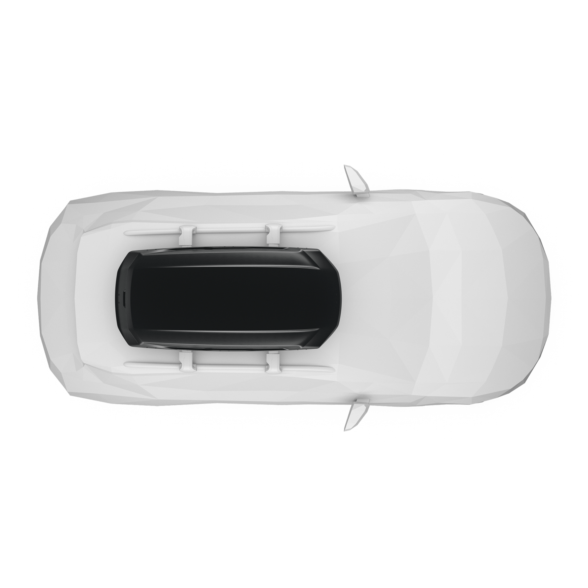 Top-down view of a white car with a sleek, black Thule Pulse 2 M roof box mounted on top.