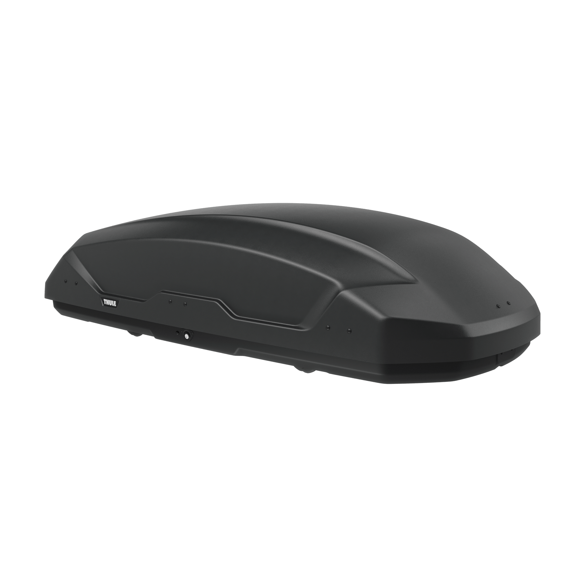Black Thule Pulse 2 M roof box, streamlined ASA-ABS plastic, 400L cargo capacity.