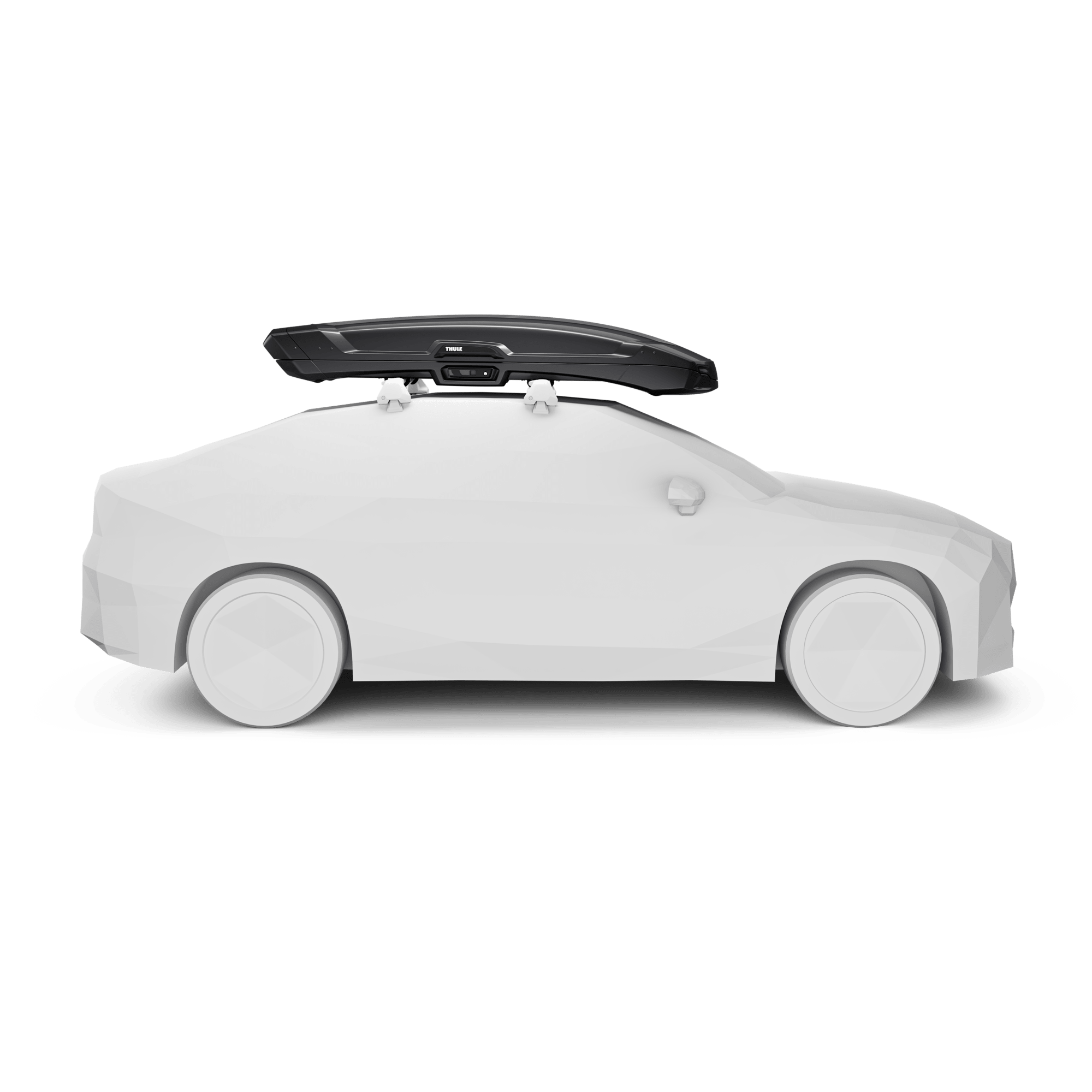 Black metallic Thule Vector Alpine roof box mounted on a white car model.