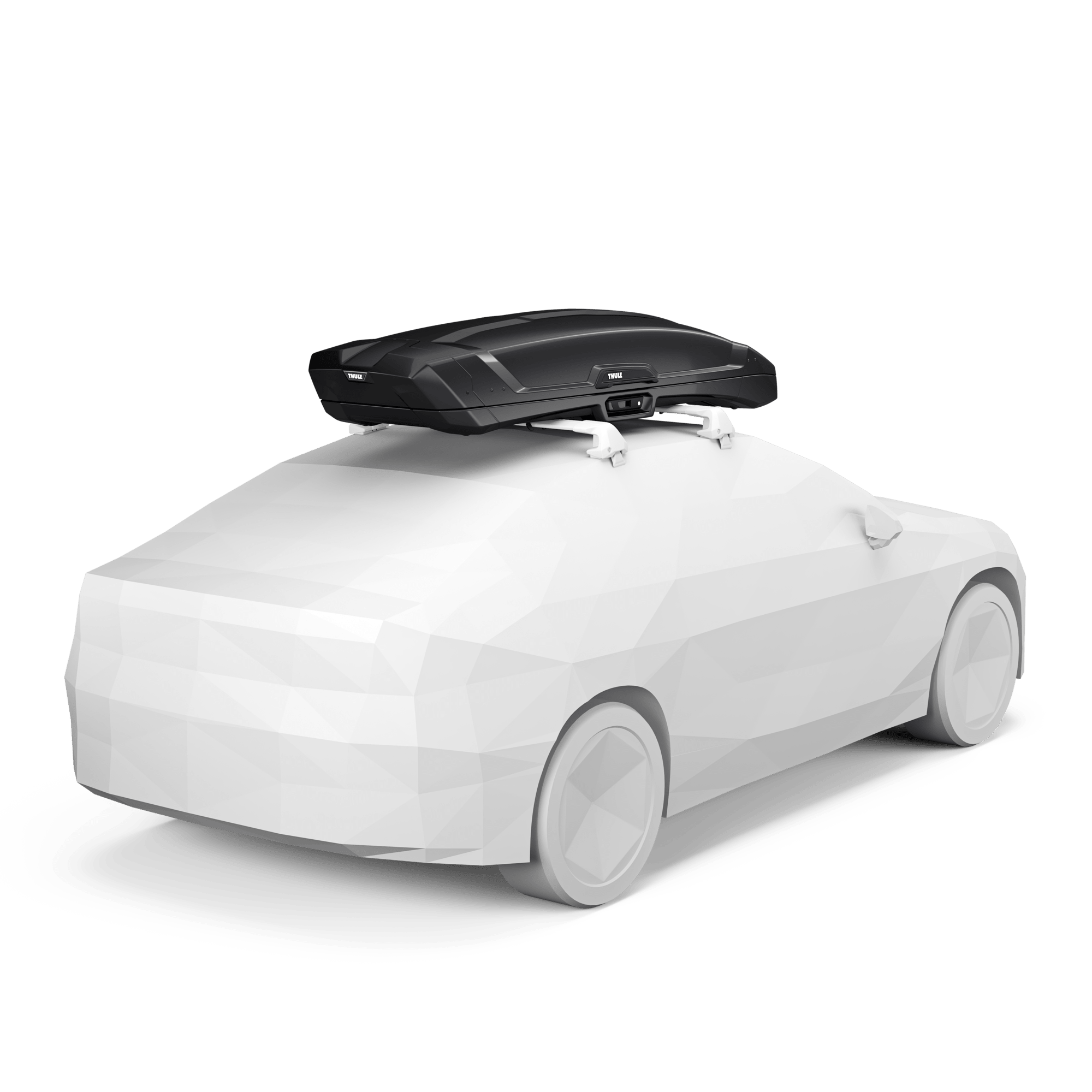 Thule Vector L black metallic roof cargo box mounted on a white car.